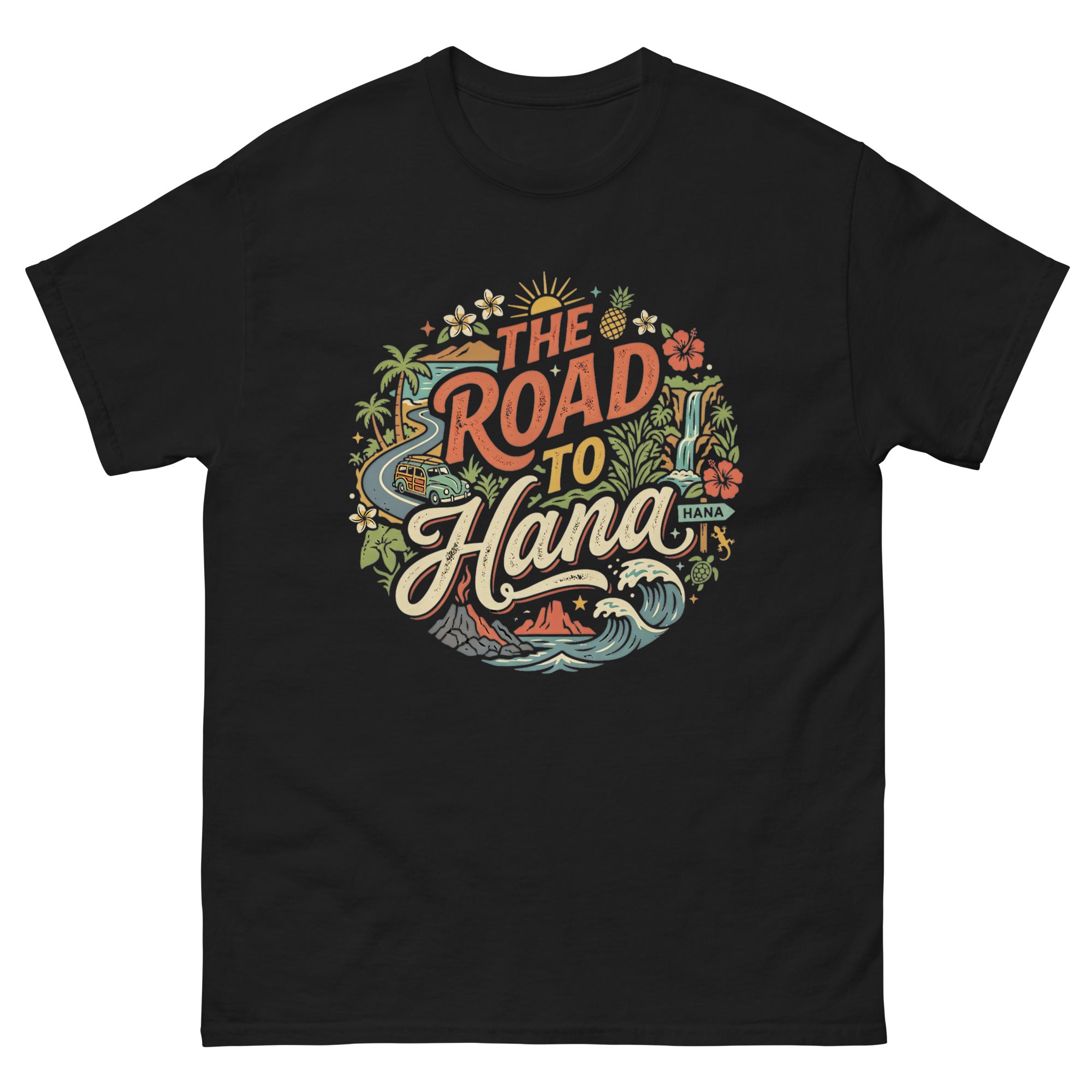 The Road to Hana Hawaiian t-shirt design on a Black unisex tee