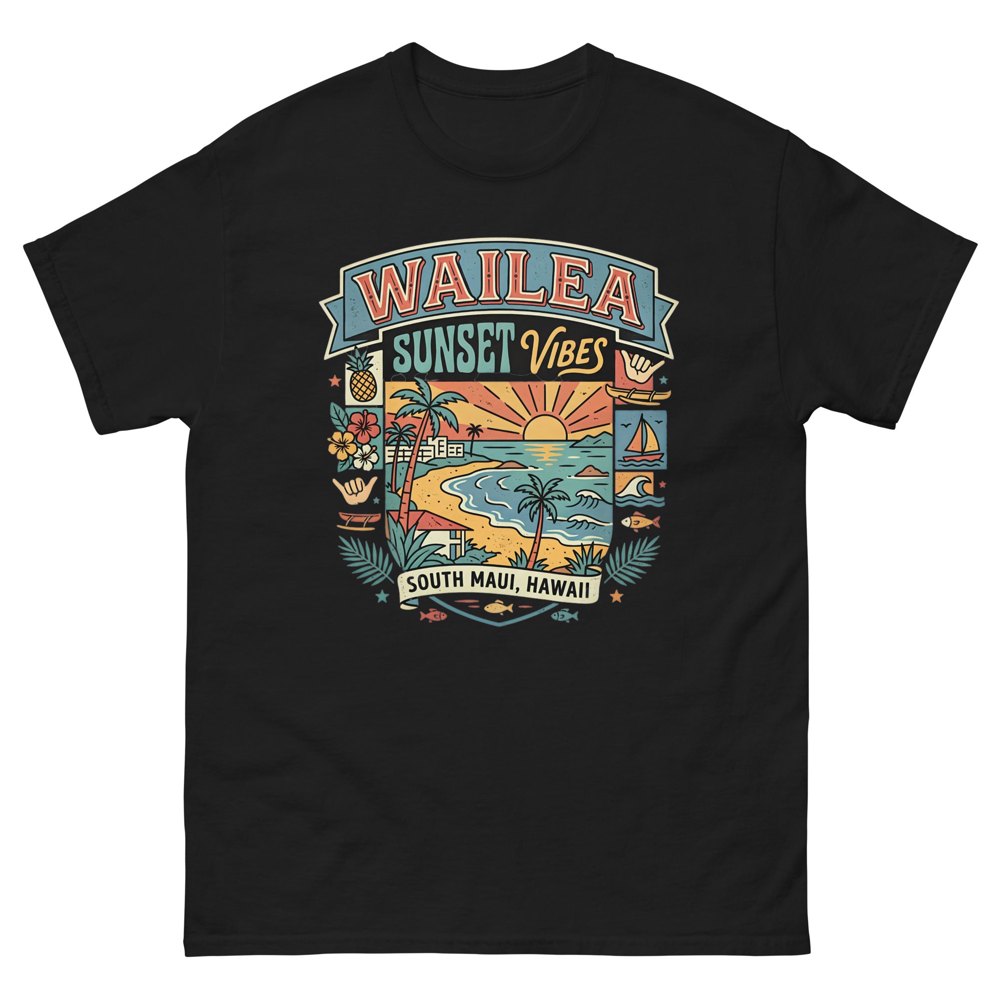 Wailea Maui Aloha Beach Hawaiian t-shirt design on a Black unisex tee