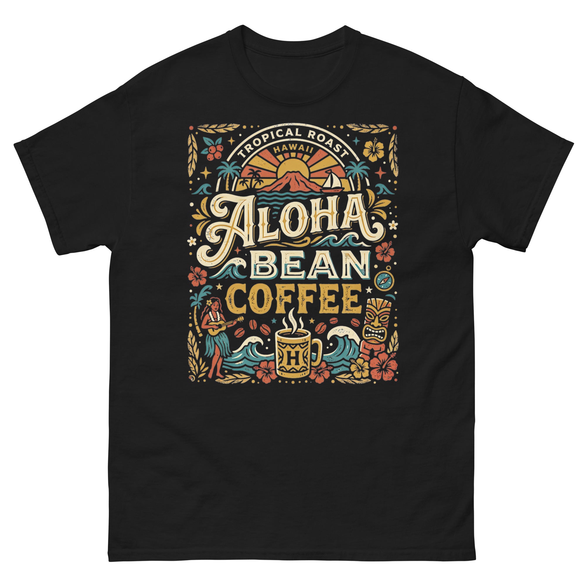 Tropical Roast Aloha Bean Coffee Hawaiian t-shirt design on a Black unisex tee