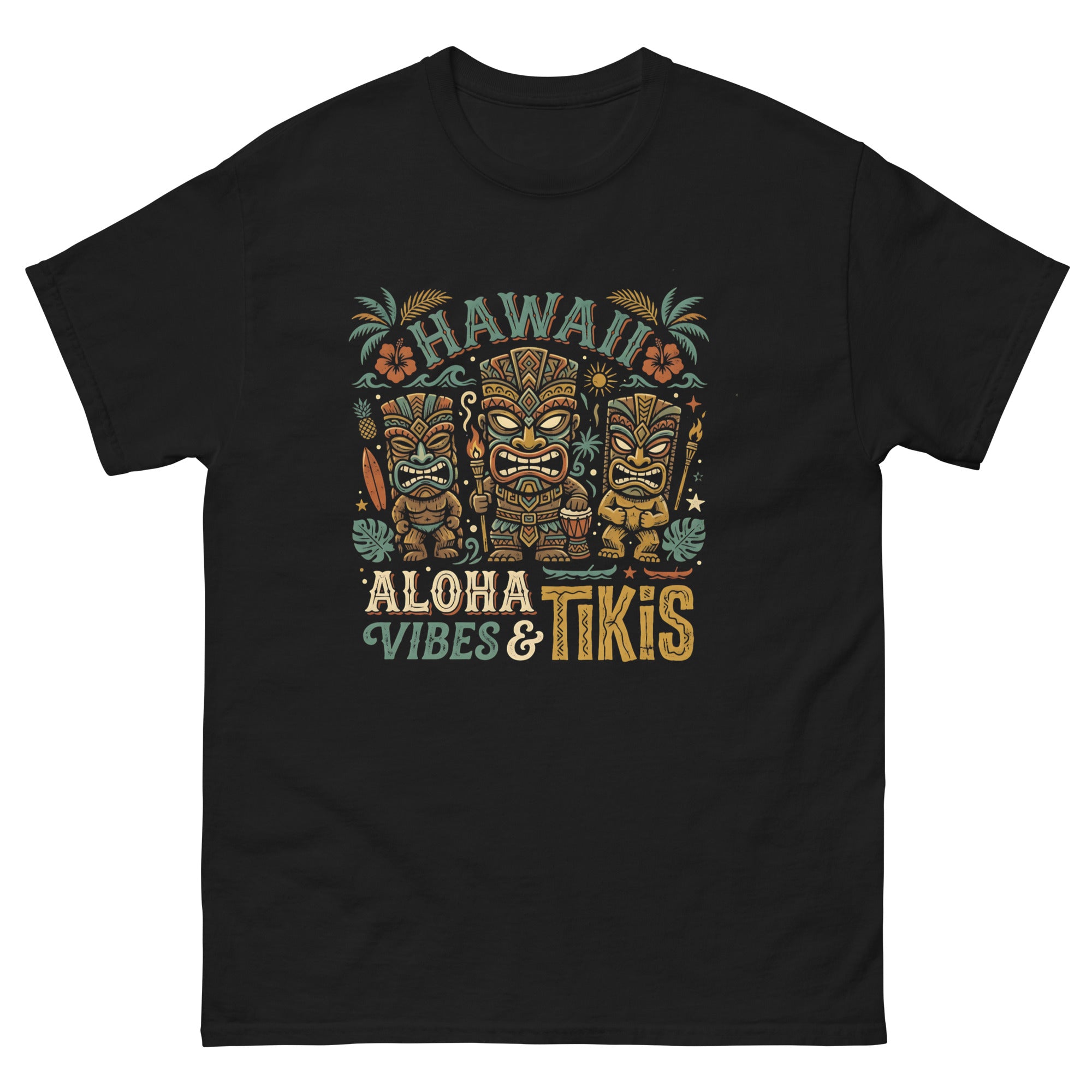 Tropical Tiki Nights v4 Hawaiian t-shirt design on a Black unisex tee