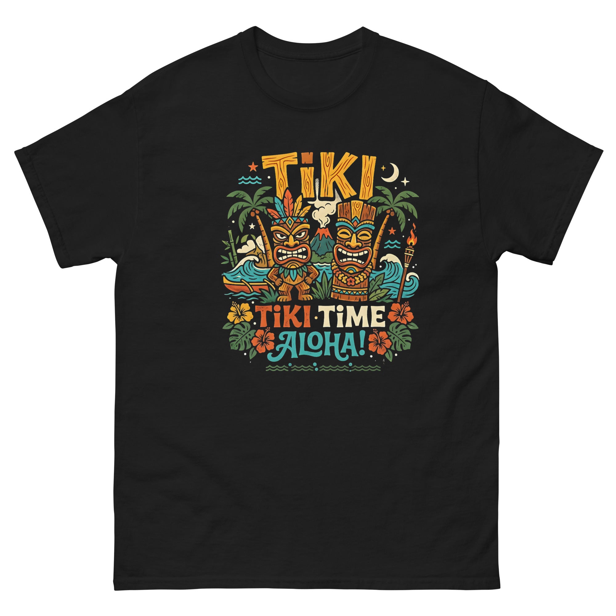 Tropical Tiki Nights v2 Hawaiian t-shirt design on a Black unisex tee