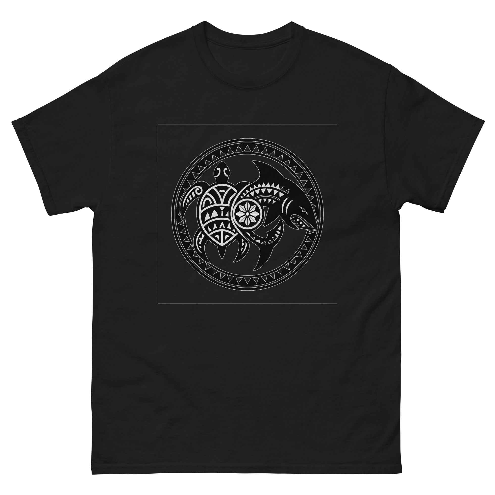 Honu Mano Twin Hawaiian t-shirt design on a Black unisex tee