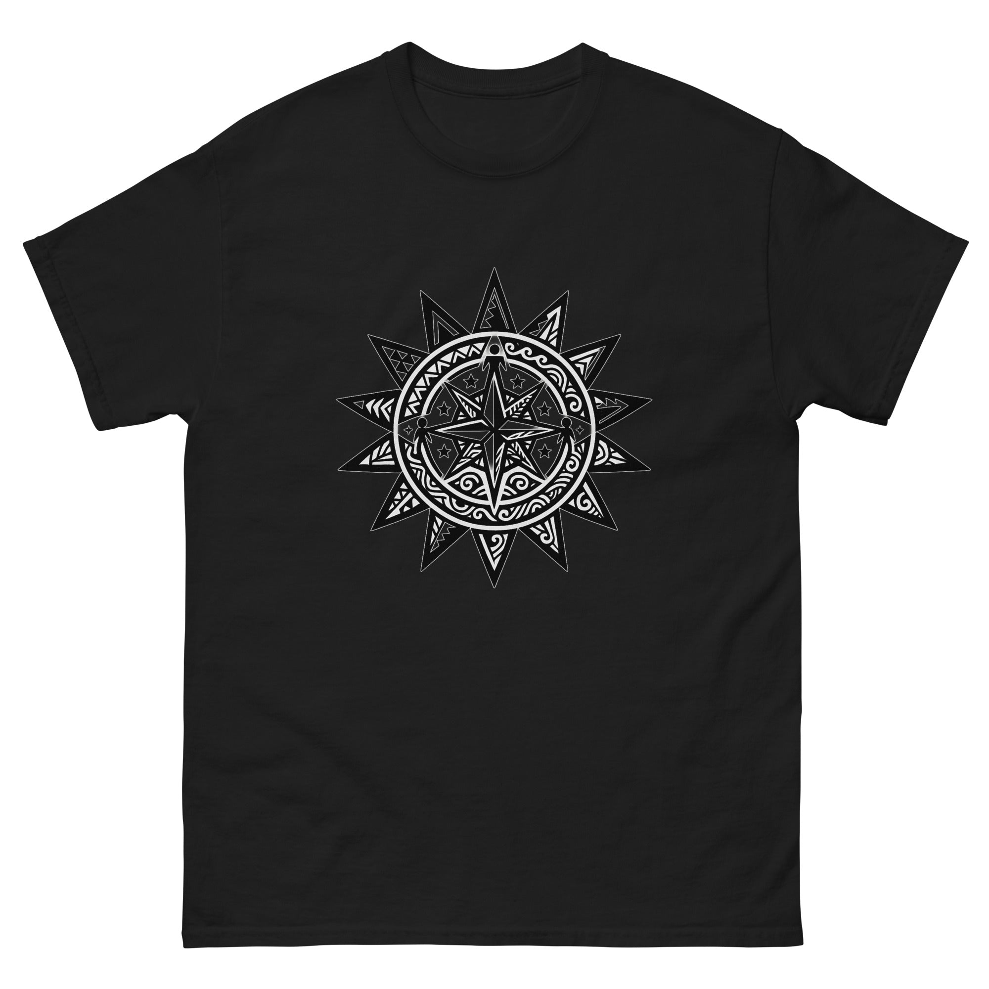 La Sun Compass Hawaiian t-shirt design on a Black unisex tee