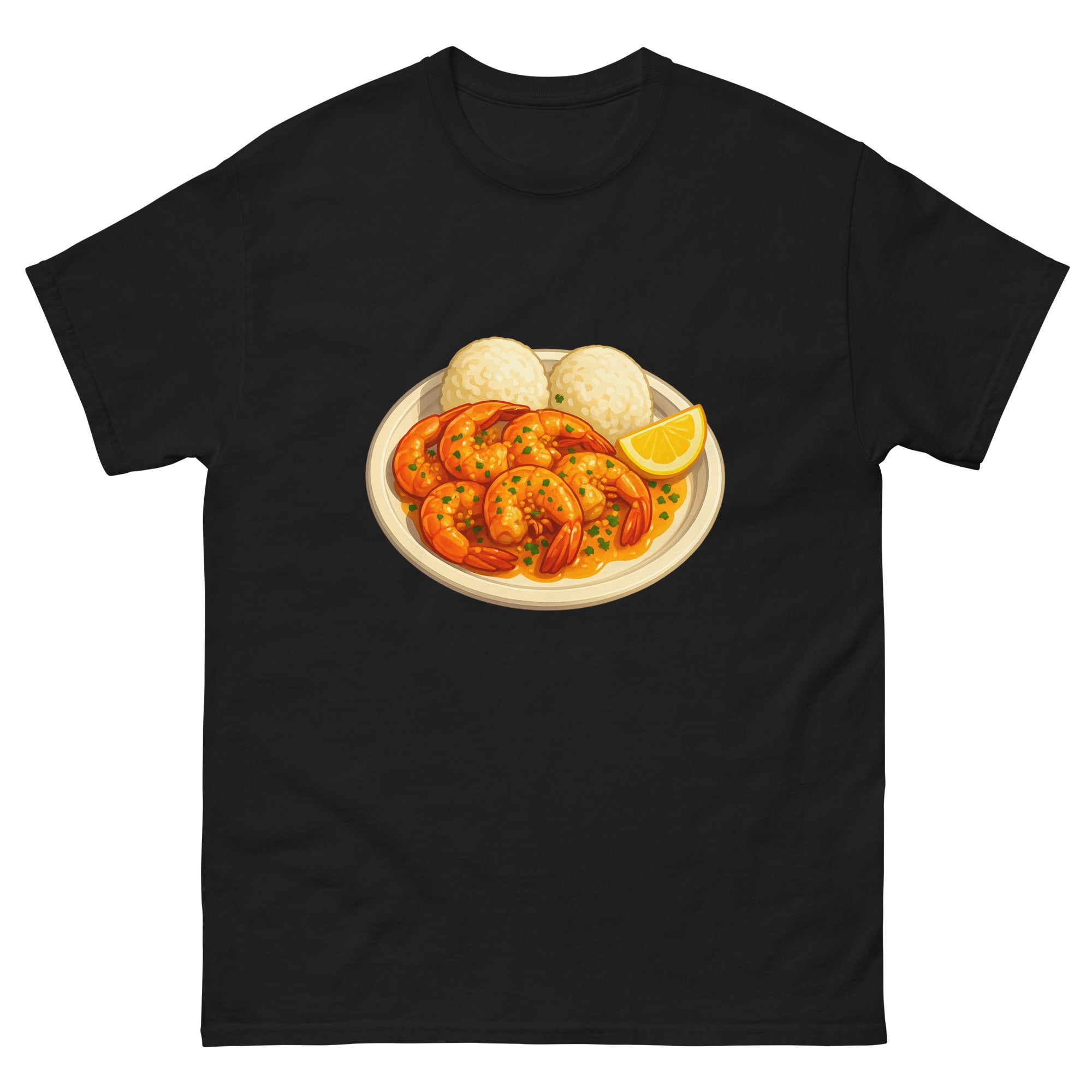 Garlic Shrimp Plate Hawaiian t-shirt design on a Black unisex tee