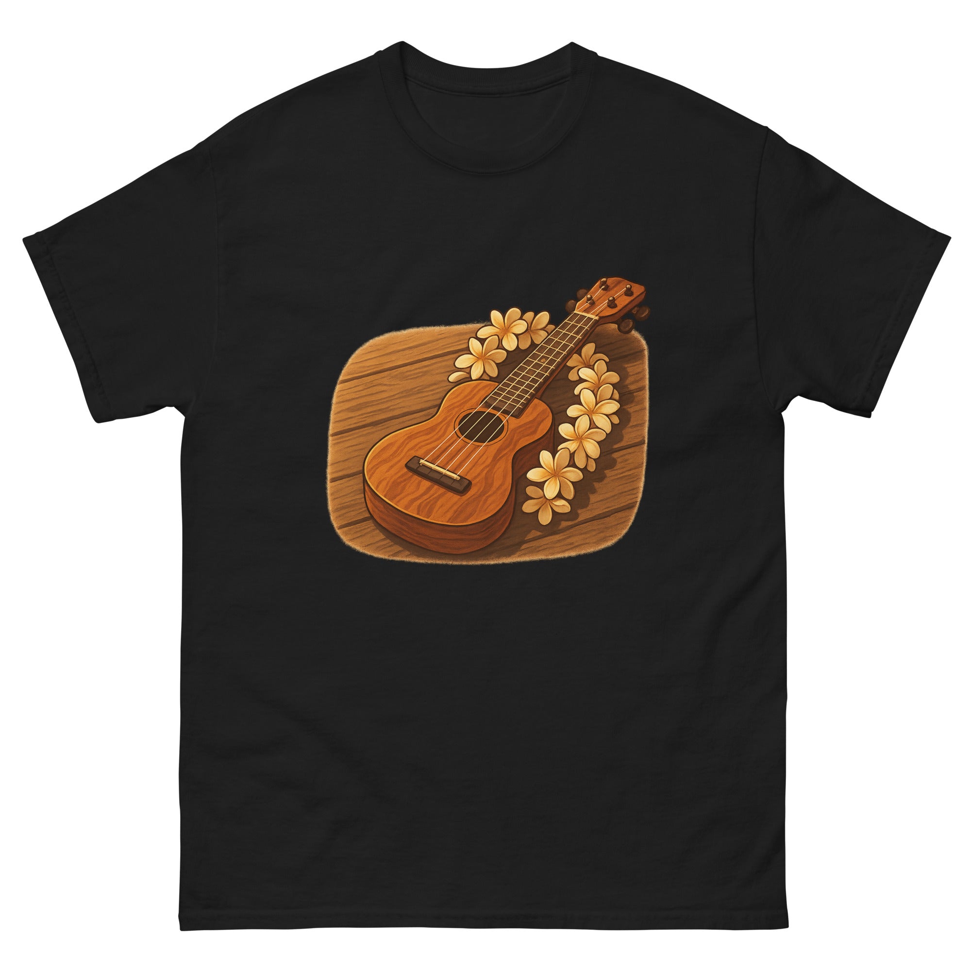 Ukulele And Lei Hawaiian t-shirt design on a Black unisex tee