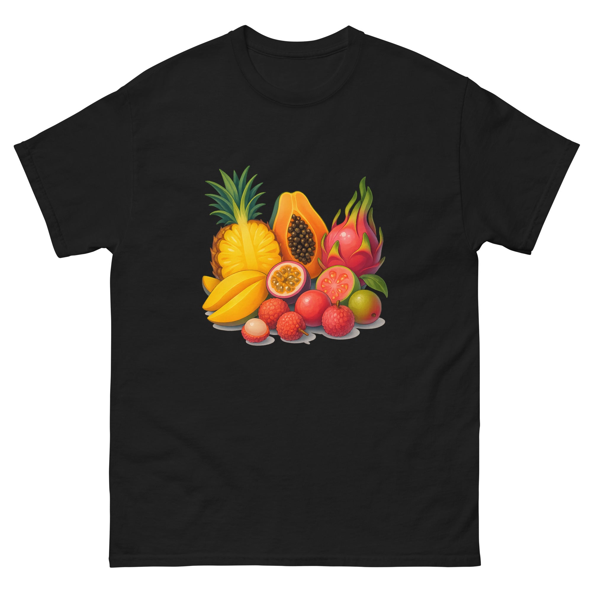 Tropical Fruit Spread Hawaiian t-shirt design on a Black unisex tee