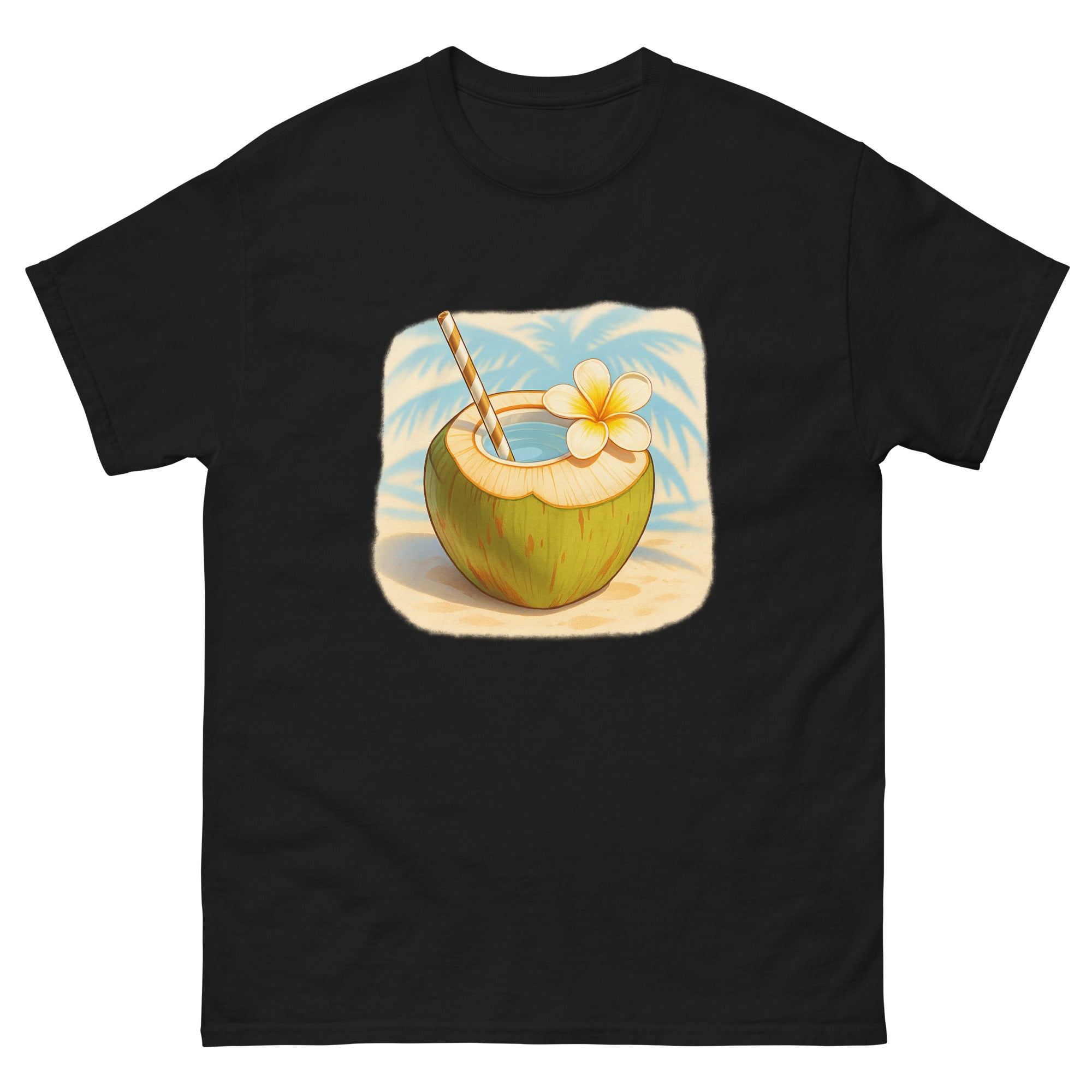 Coconut Drink Hawaiian t-shirt design on a Black unisex tee