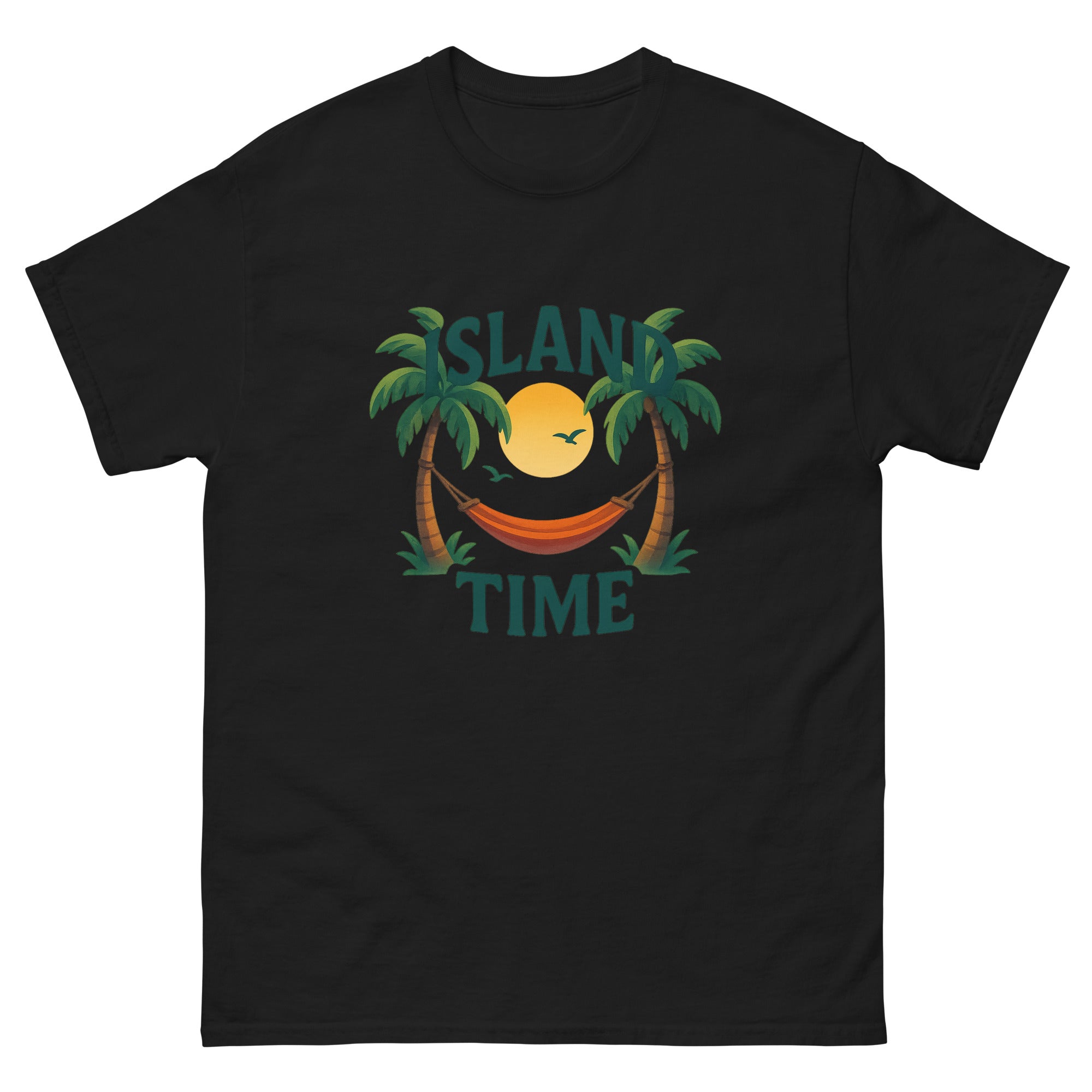 Island Time Type Hawaiian t-shirt design on a Black unisex tee