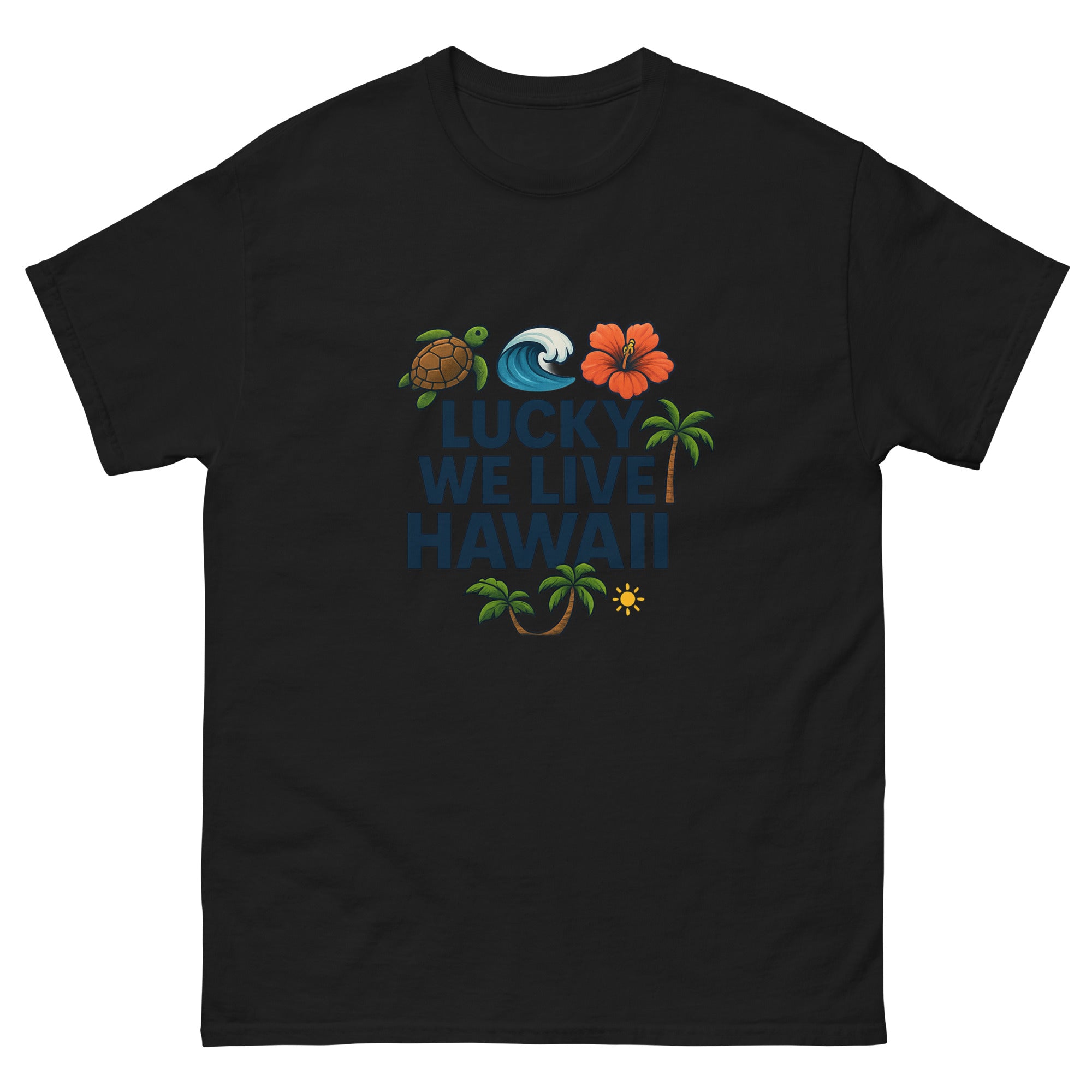 Lucky We Live Hawaii Type Hawaiian t-shirt design on a Black unisex tee