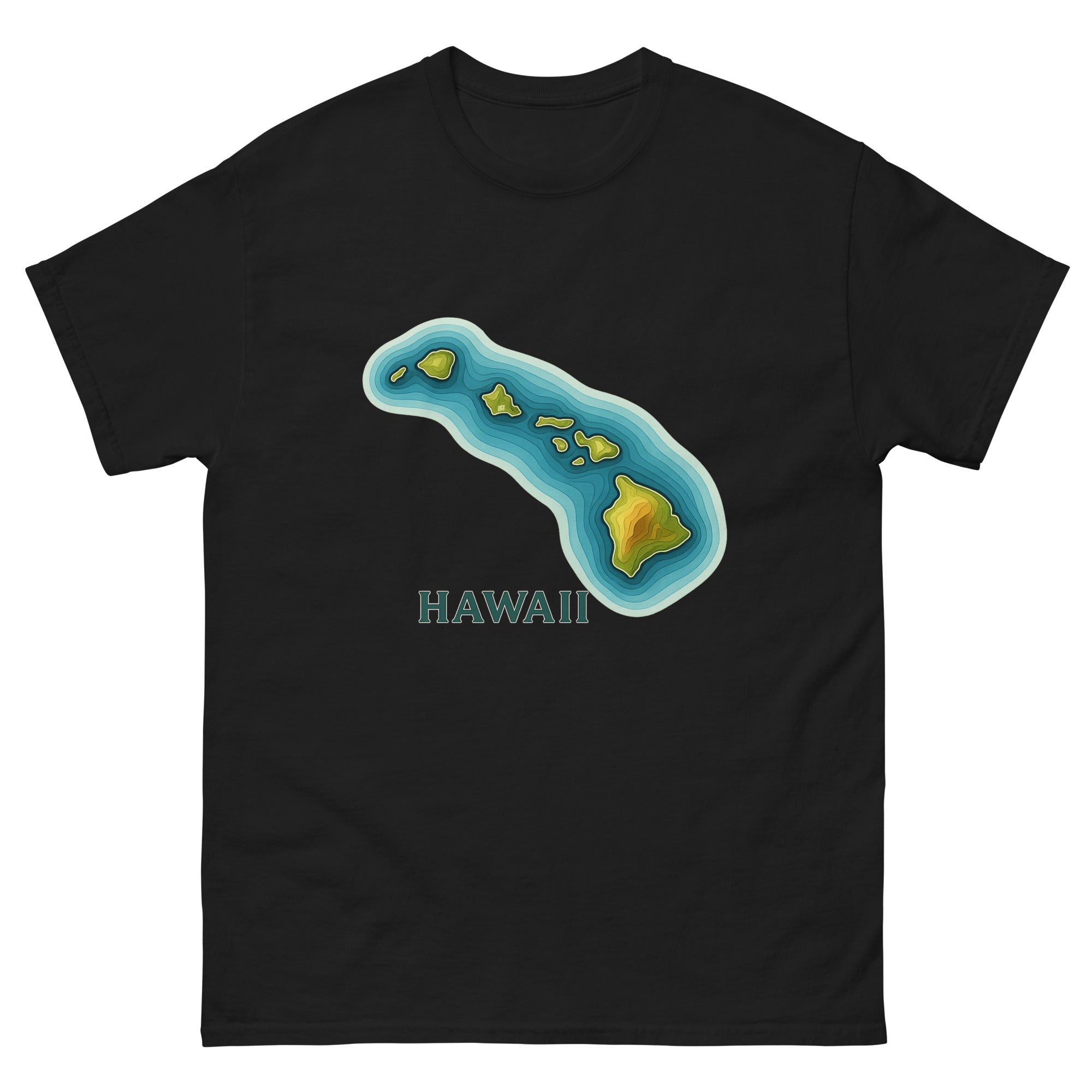 Hawaii Topographic Hawaiian t-shirt design on a Black unisex tee