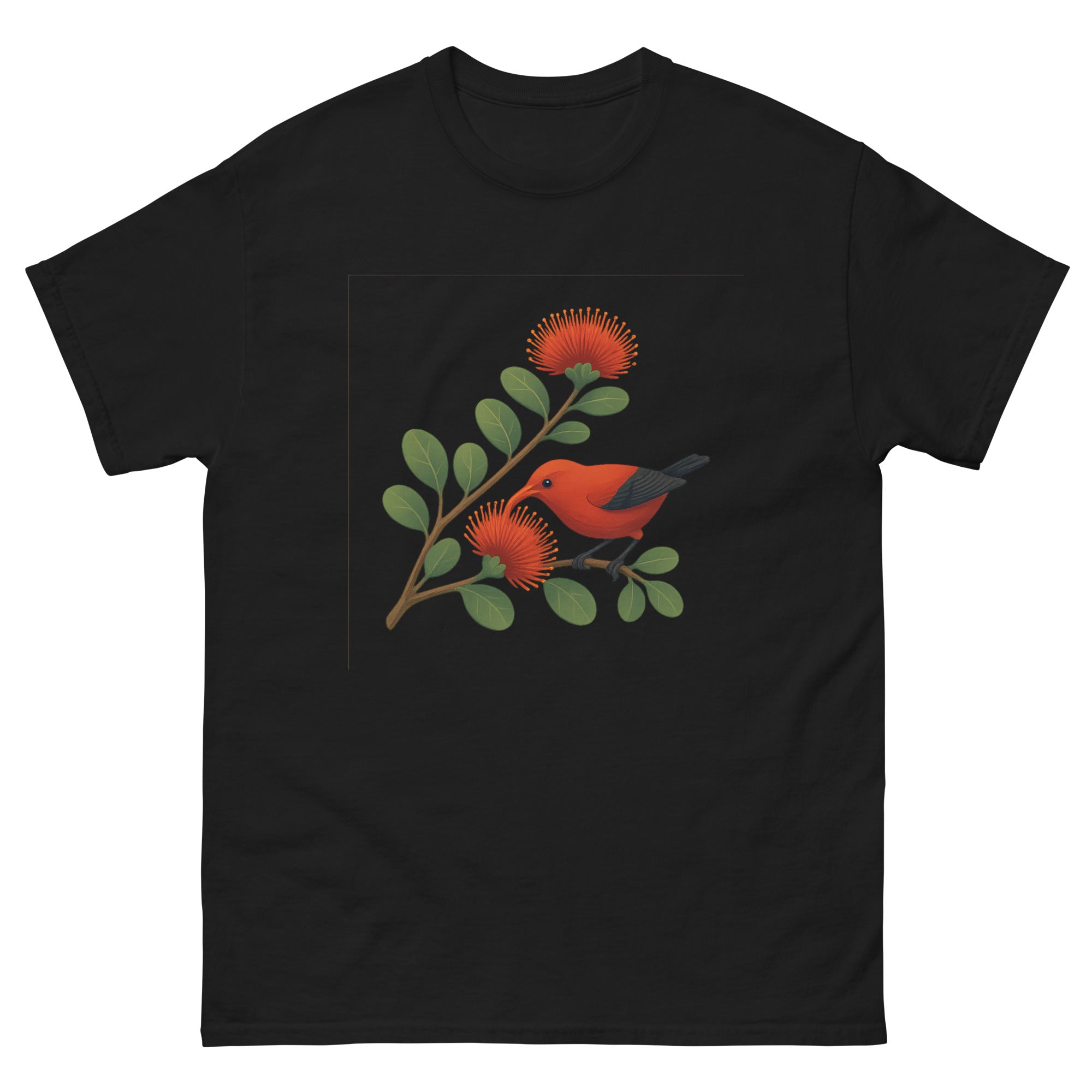 Ohia Lehua And Iiwi Hawaiian t-shirt design on a Black unisex tee