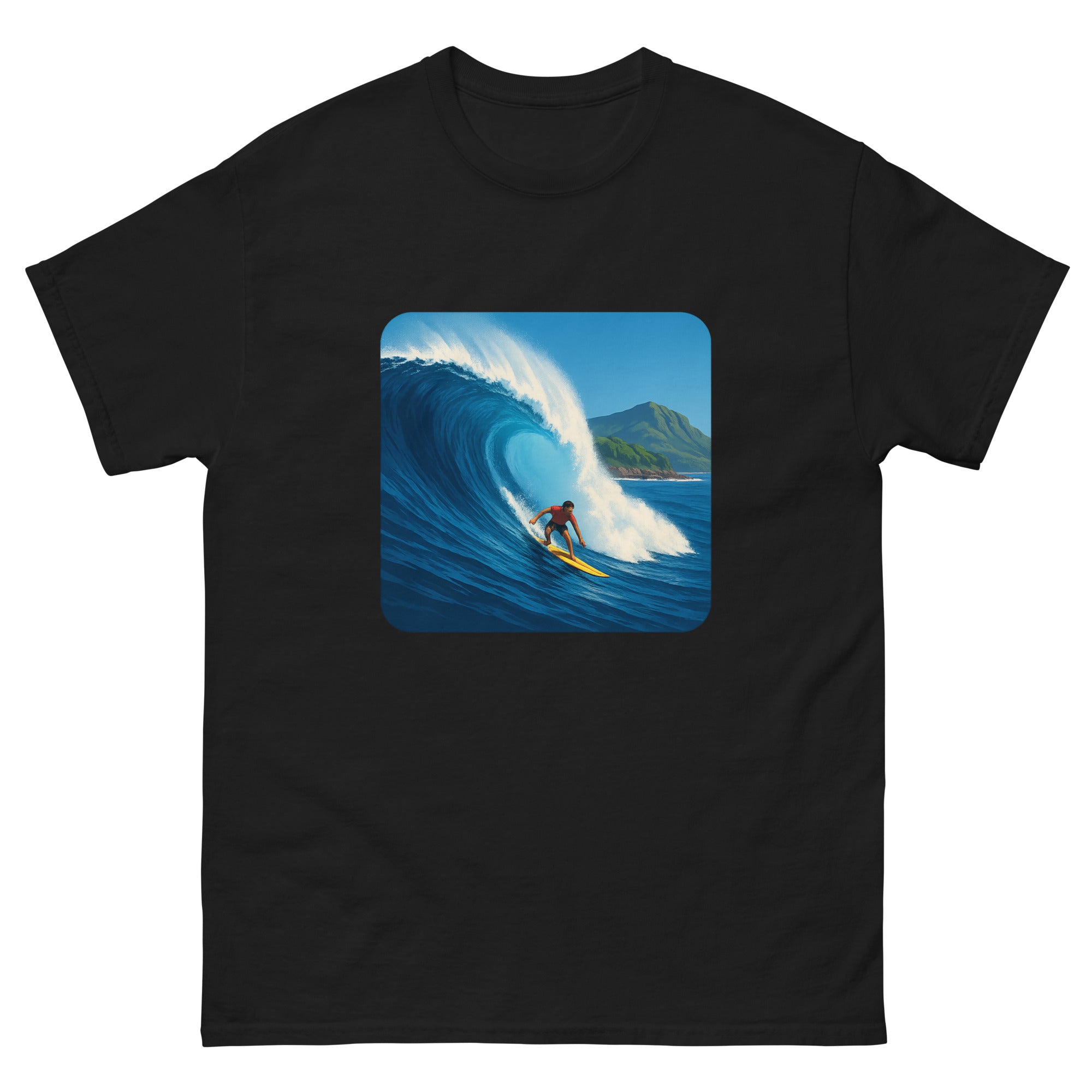 Waimea Bay Drop Hawaiian t-shirt design on a Black unisex tee