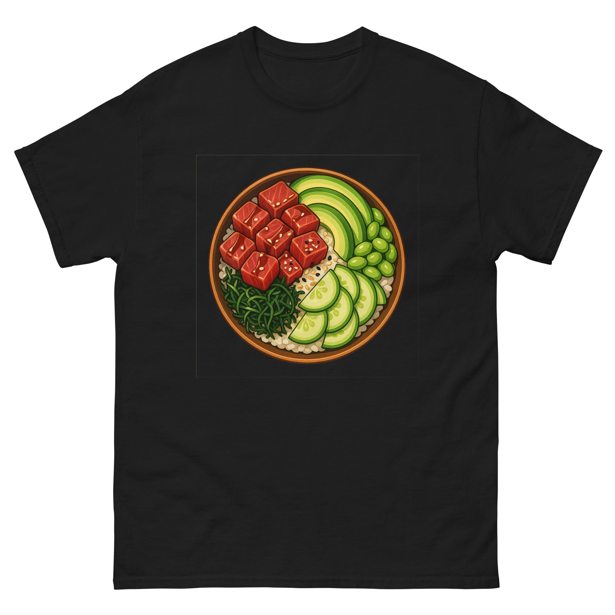 Poke Bowl Hawaiian t-shirt design on a Black unisex tee