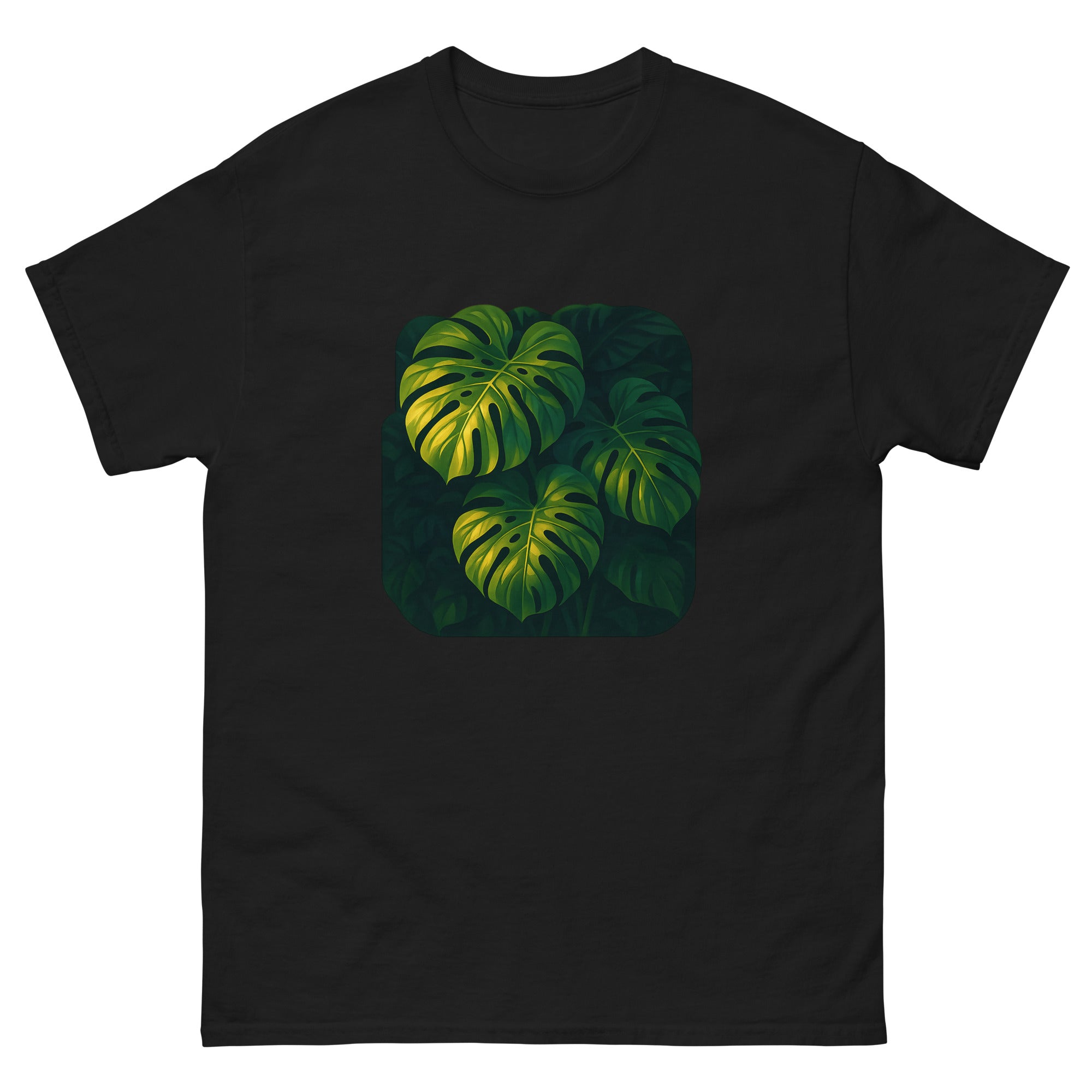 Monstera And Light Hawaiian t-shirt design on a Black unisex tee