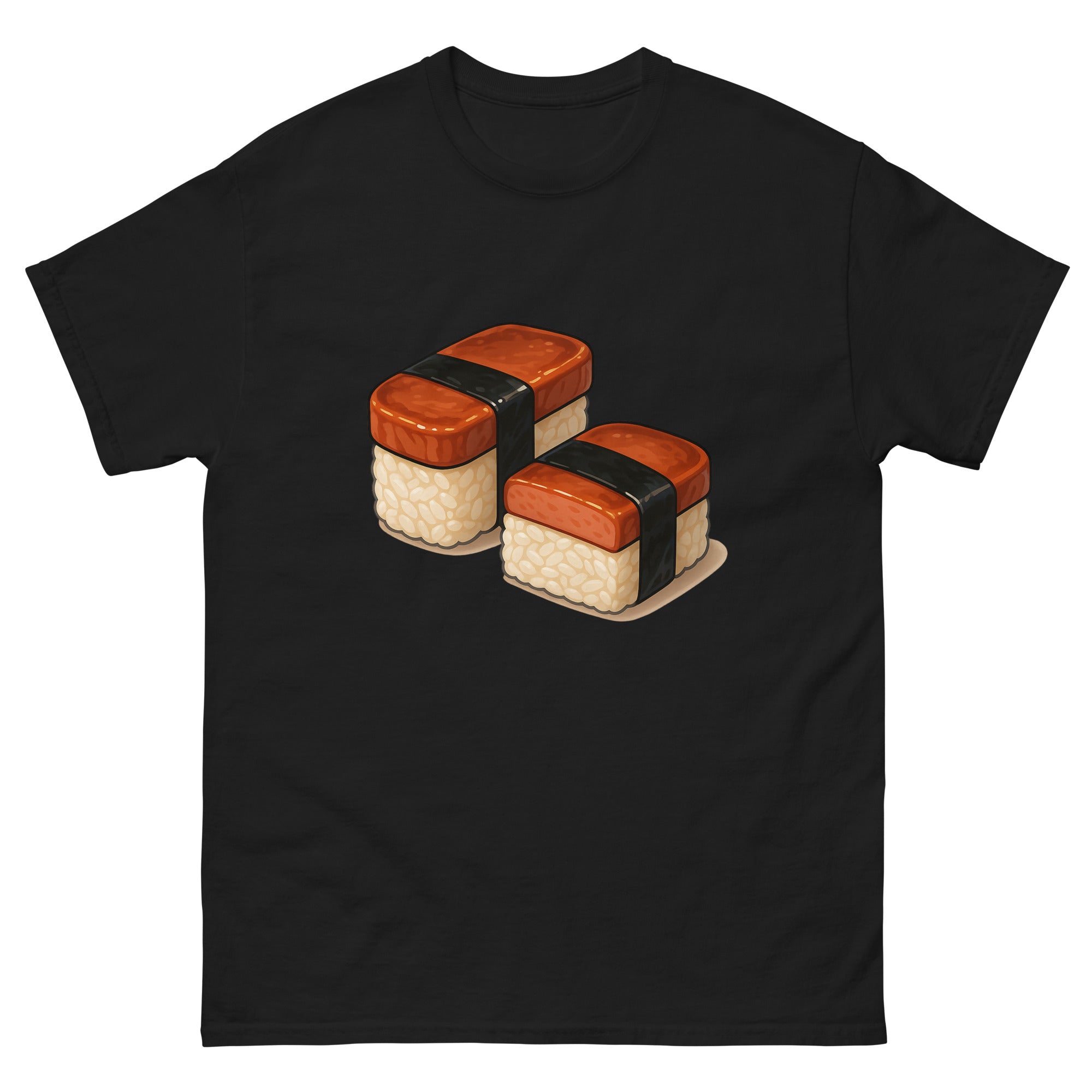 Spam Musubi Hawaiian t-shirt design on a Black unisex tee