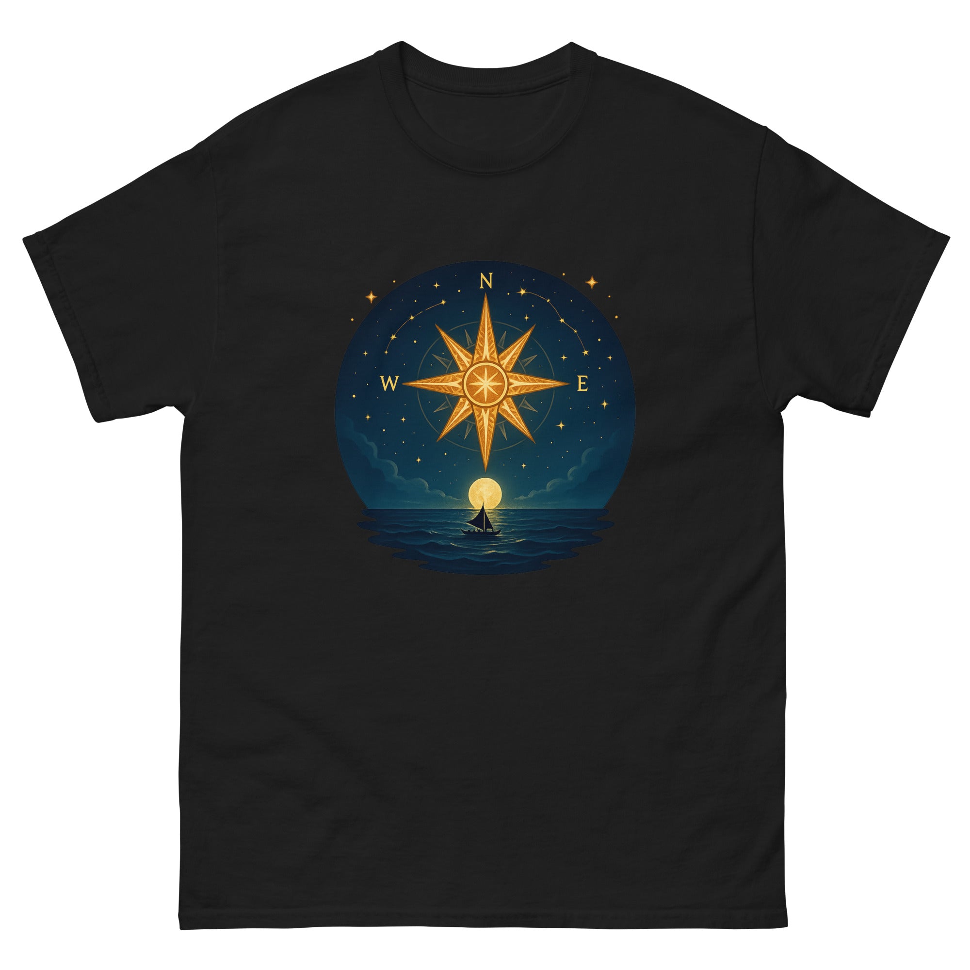 Wayfinding Stars Hawaiian t-shirt design on a Black unisex tee