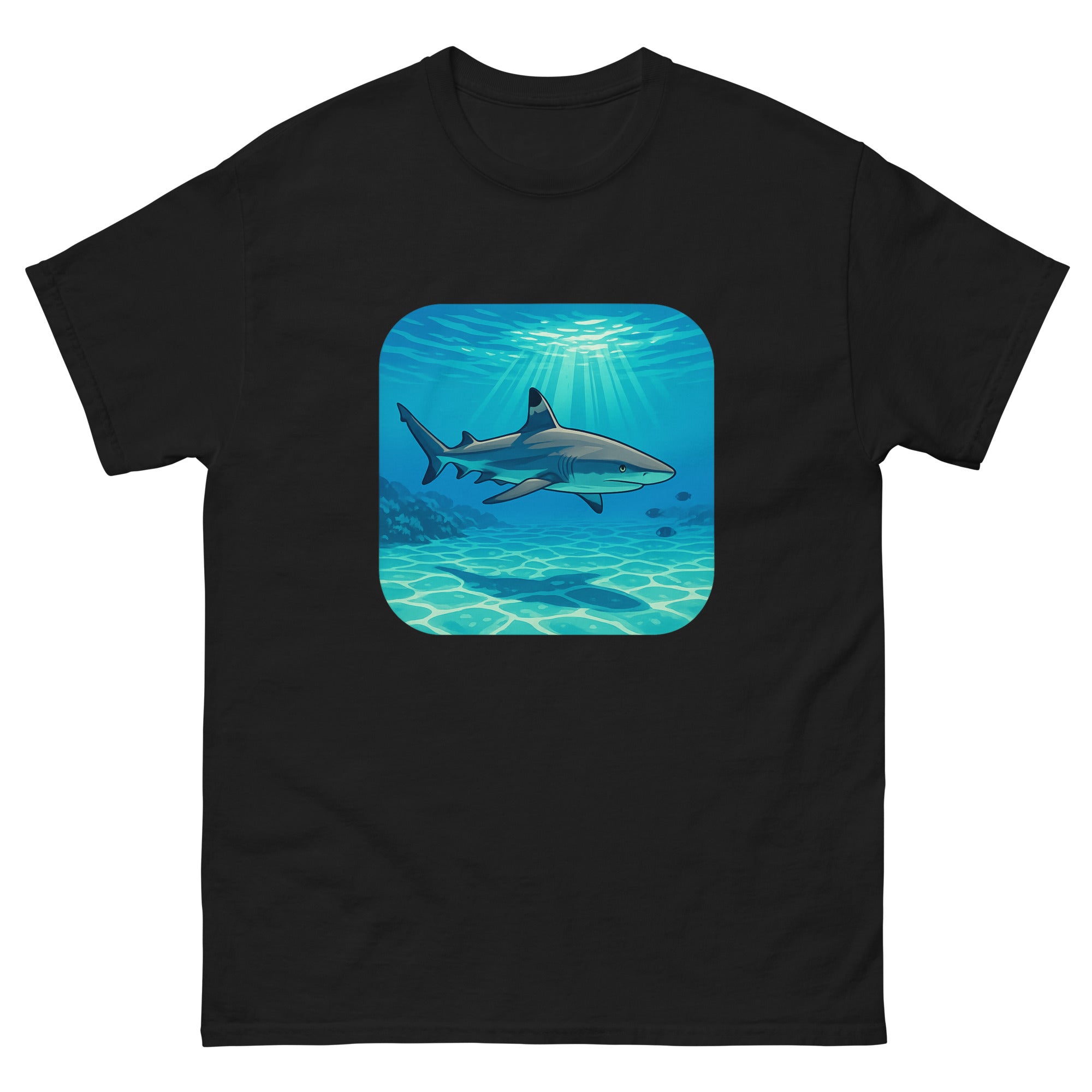 Reef Shark Cruise Hawaiian t-shirt design on a Black unisex tee