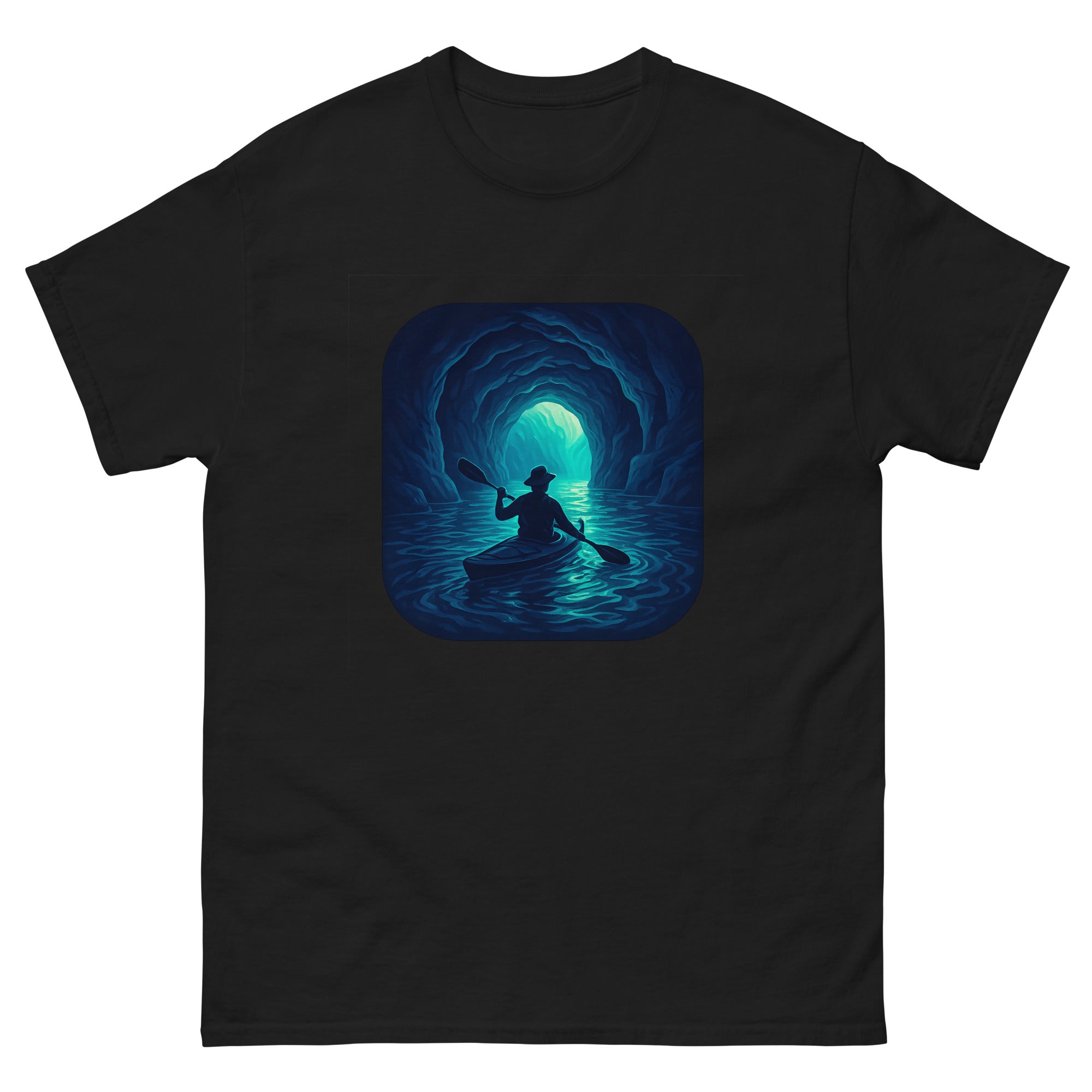 Sea Cave Kayak Hawaiian t-shirt design on a Black unisex tee