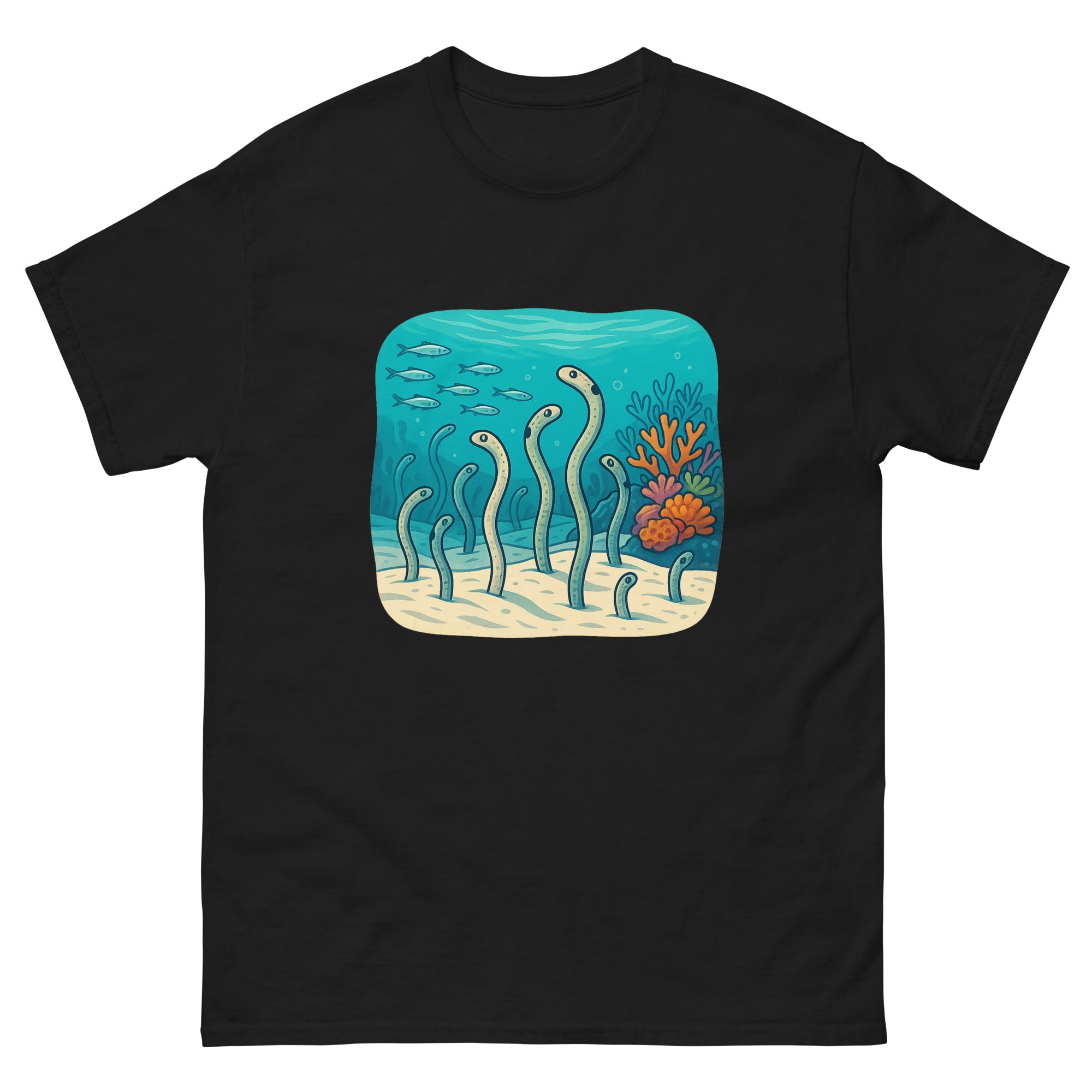 Garden Eels Reef Hawaiian t-shirt design on a Black unisex tee