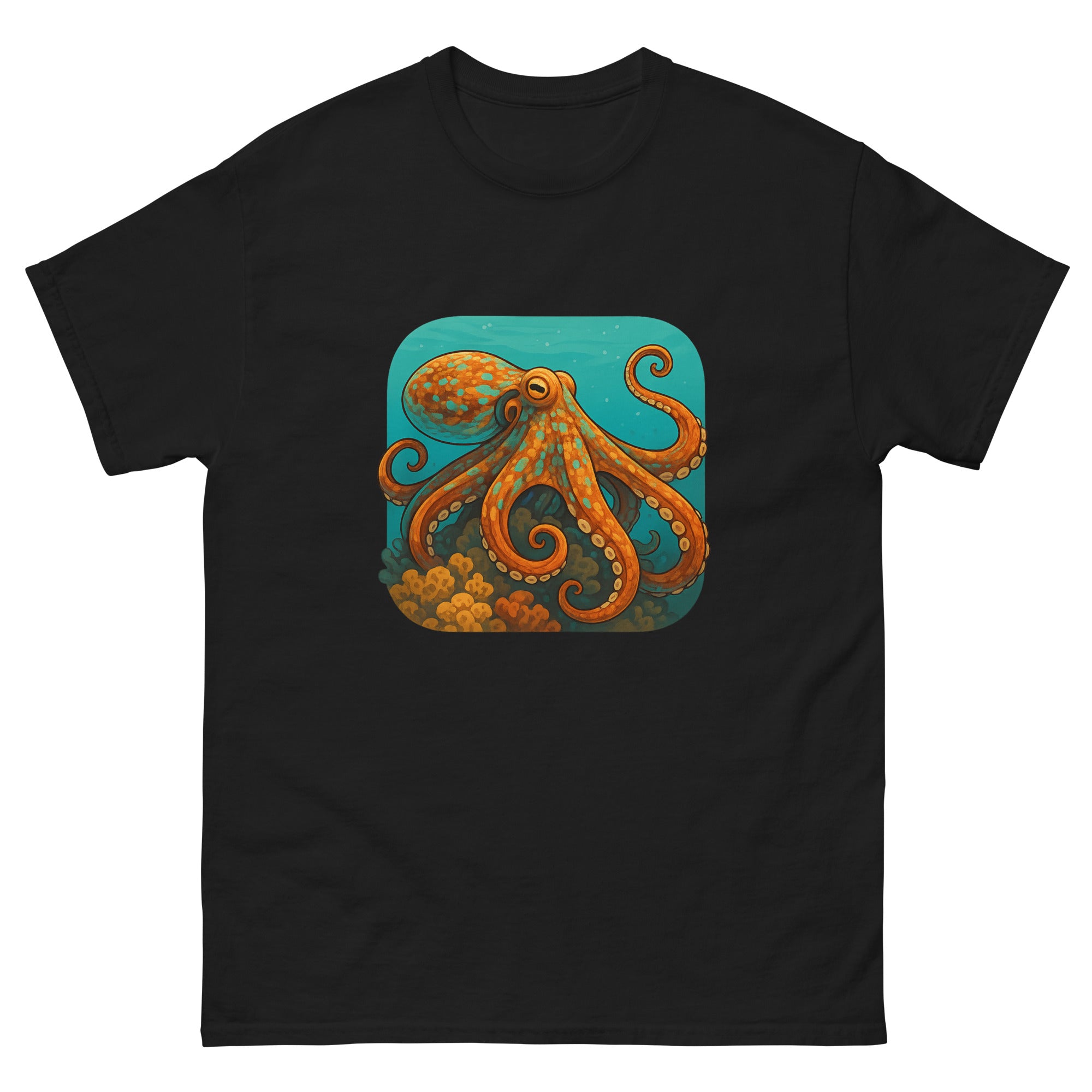 Octopus On The Reef Hawaiian t-shirt design on a Black unisex tee