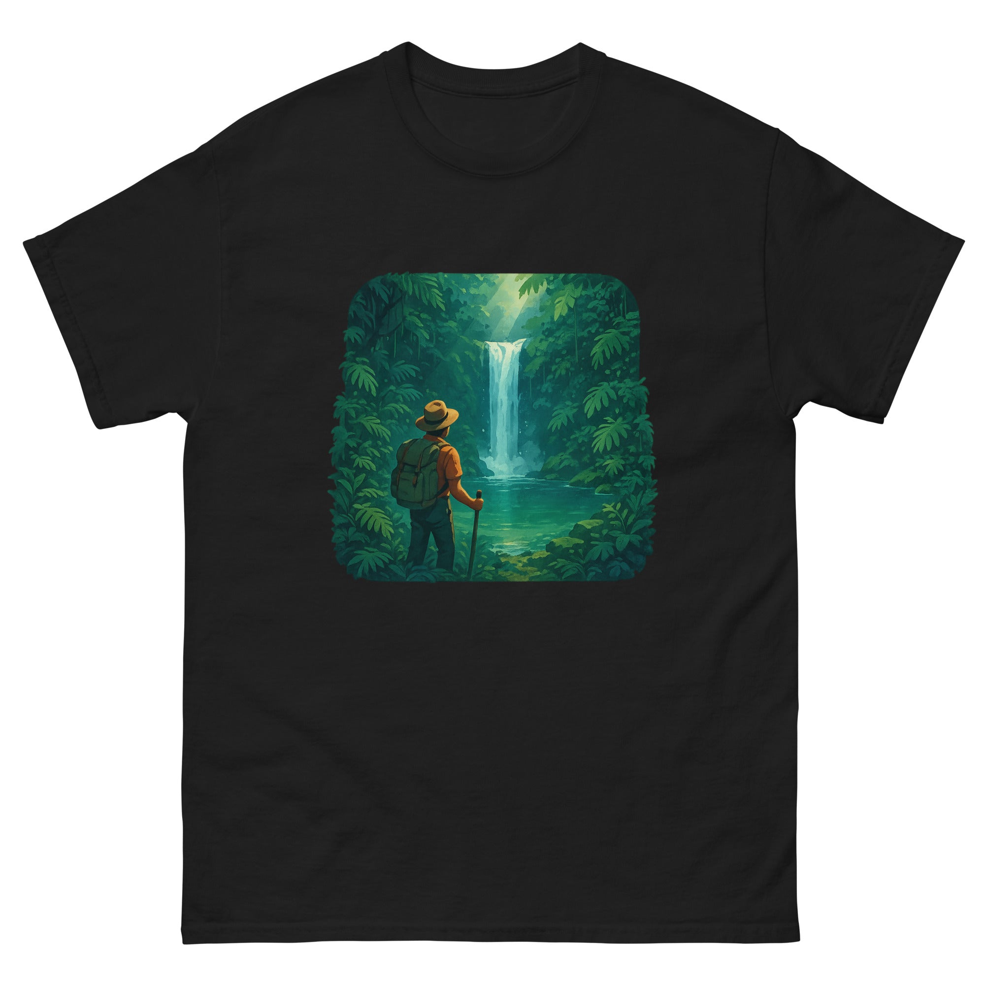 Waterfall Hike Hawaiian t-shirt design on a Black unisex tee