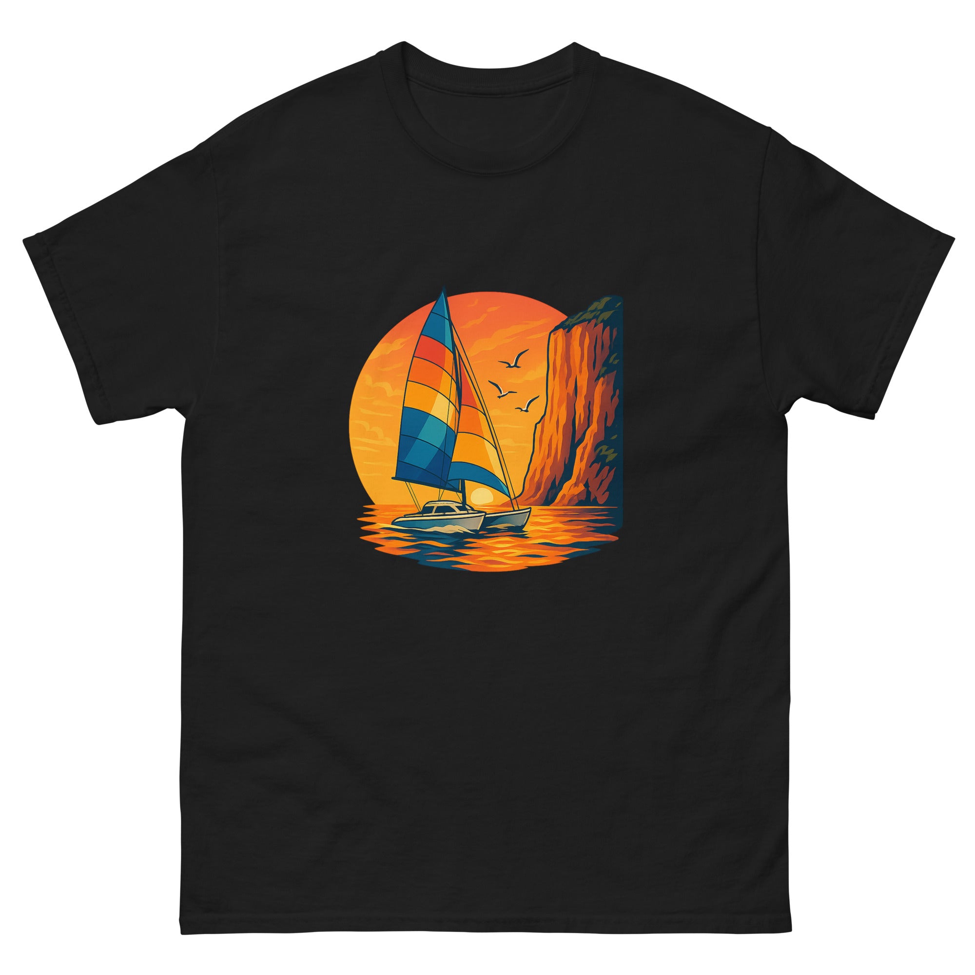 Catamaran Sunset Sail Hawaiian t-shirt design on a Black unisex tee
