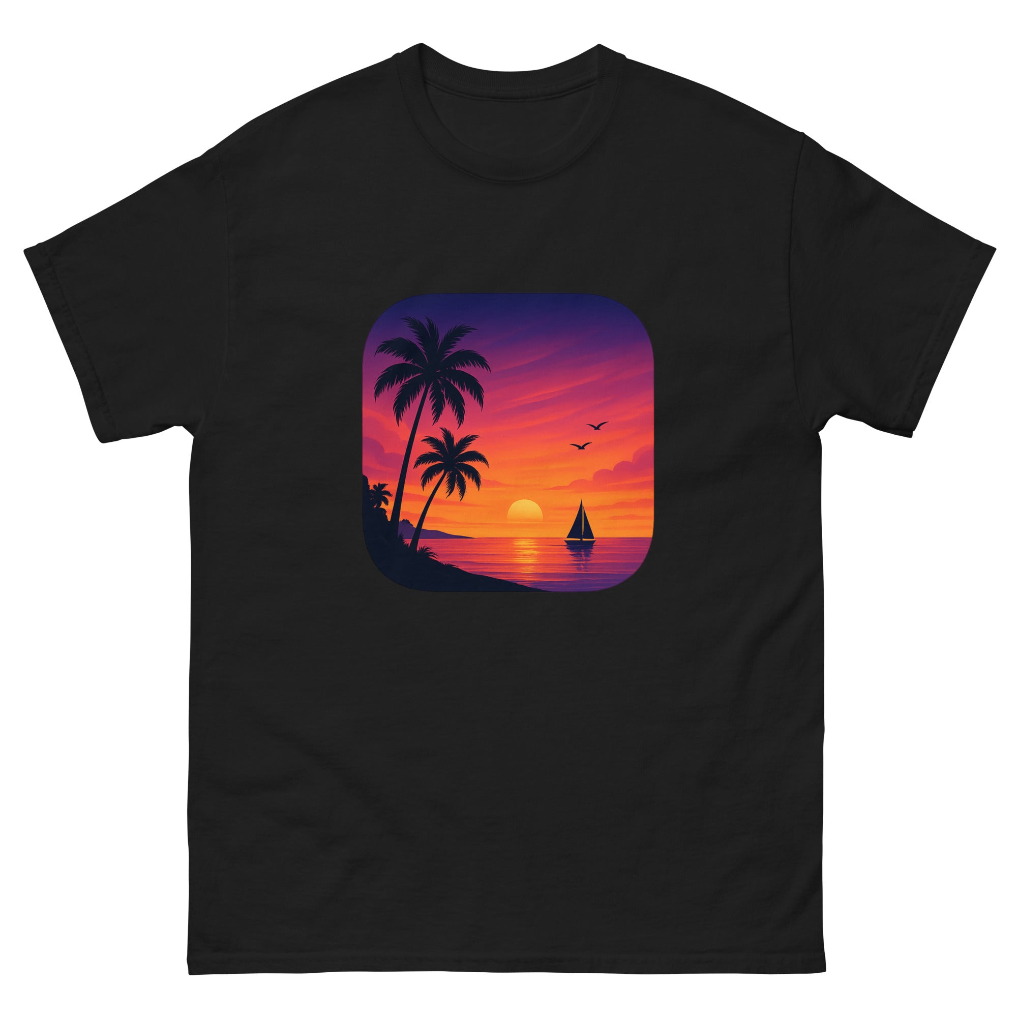 Sunset Palms Panorama Hawaiian t-shirt design on a Black unisex tee