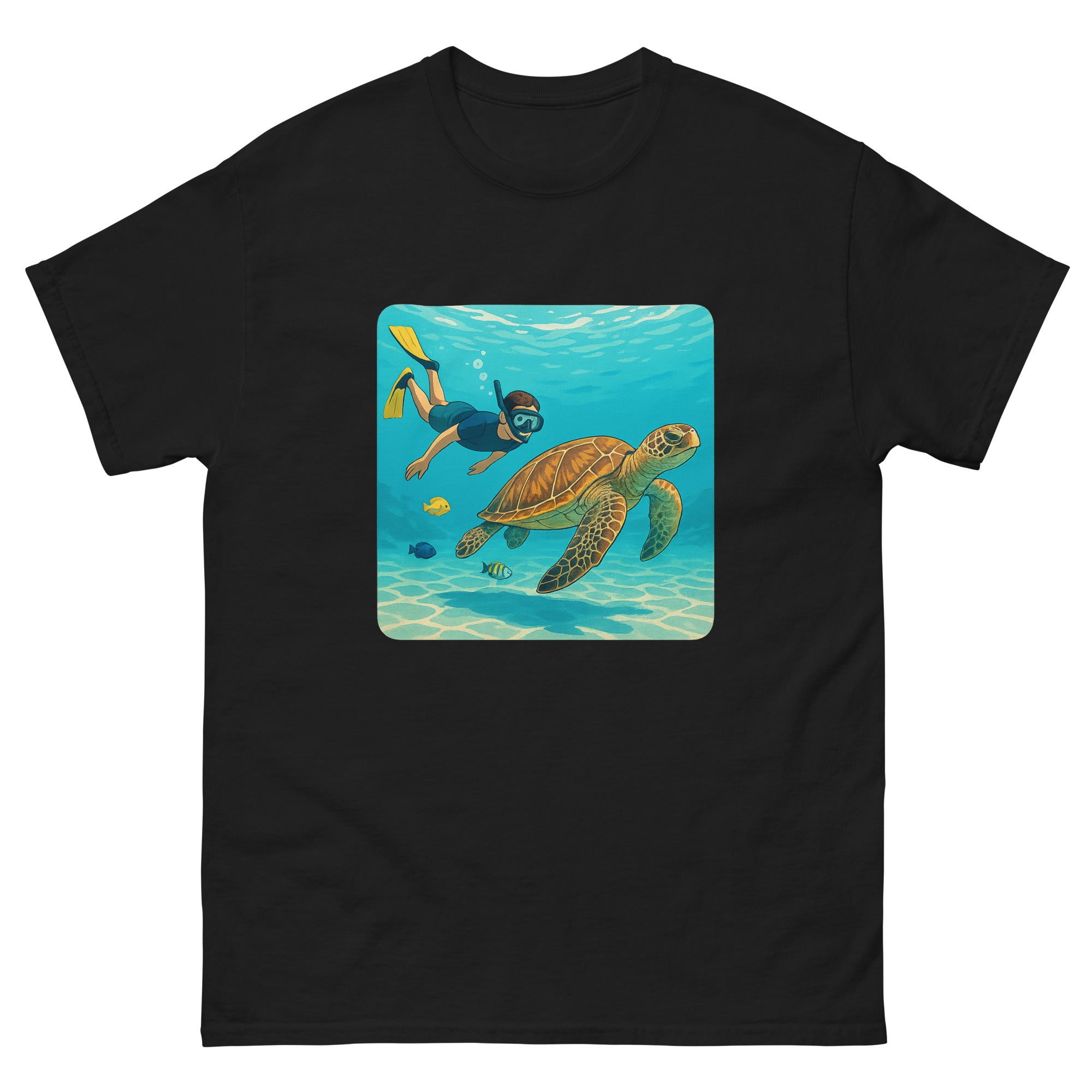 Snorkeler And Turtle Hawaiian t-shirt design on a Black unisex tee