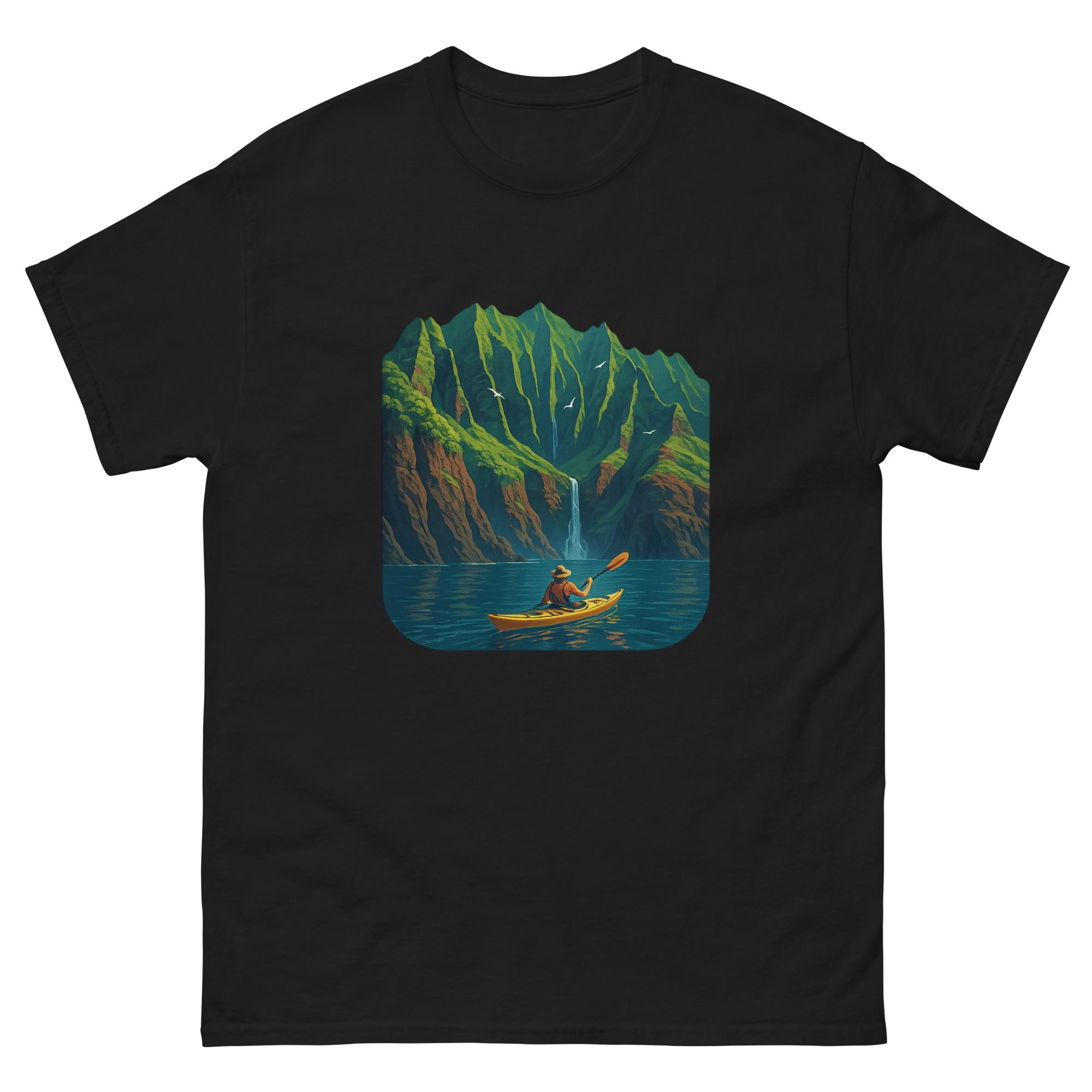 Kayaking The Coast Hawaiian t-shirt design on a Black unisex tee