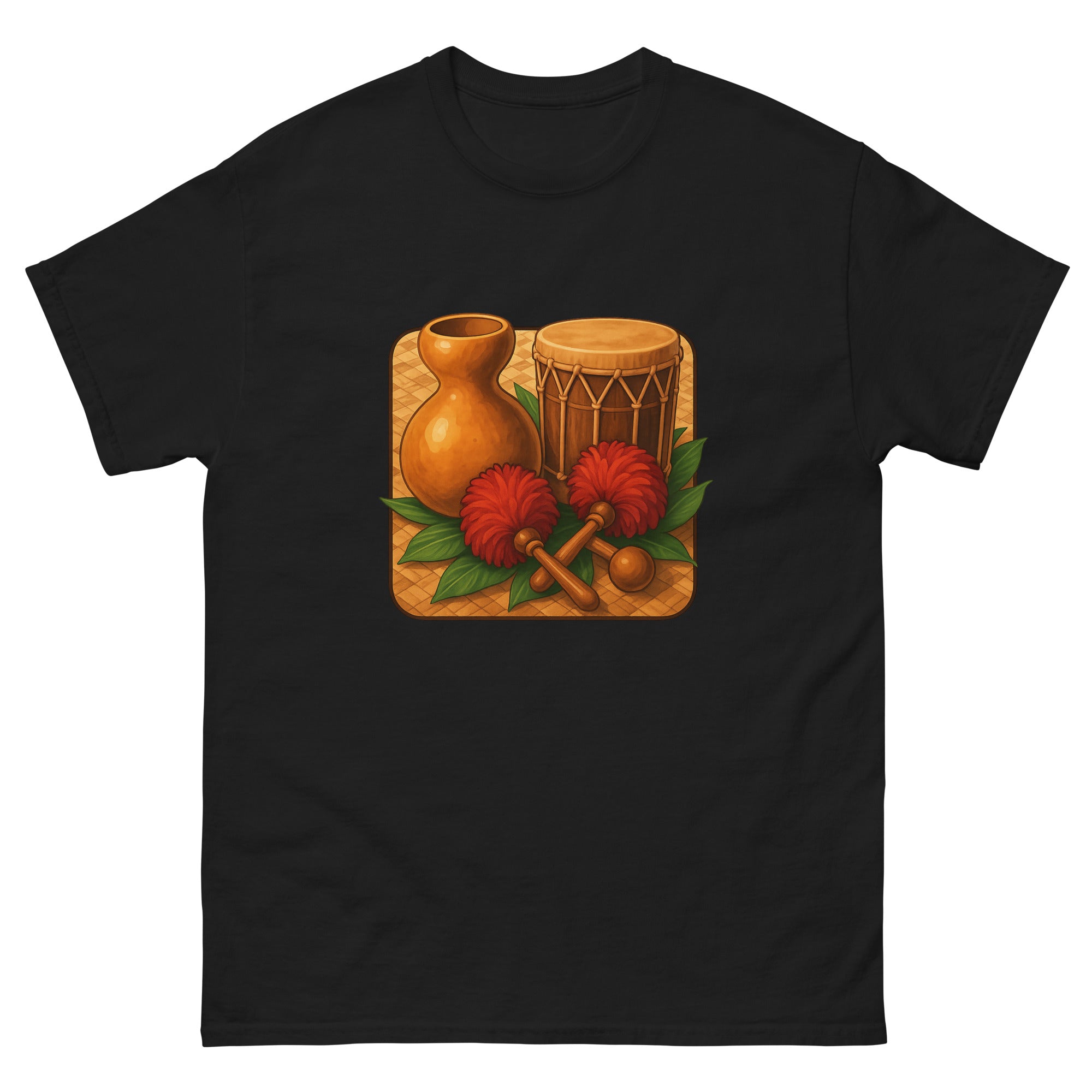 Hula Instruments Hawaiian t-shirt design on a Black unisex tee