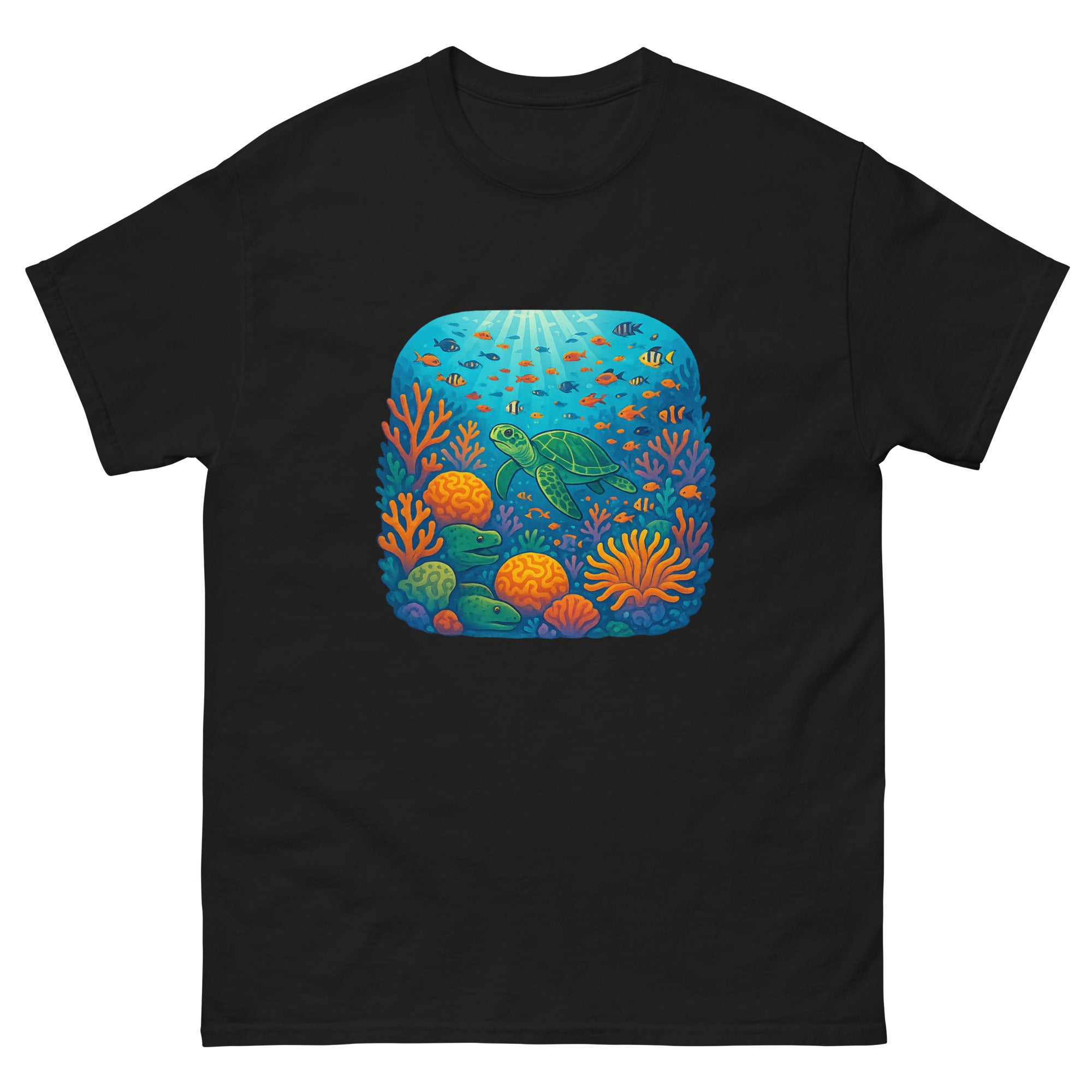 Coral Reef Garden Hawaiian t-shirt design on a Black unisex tee