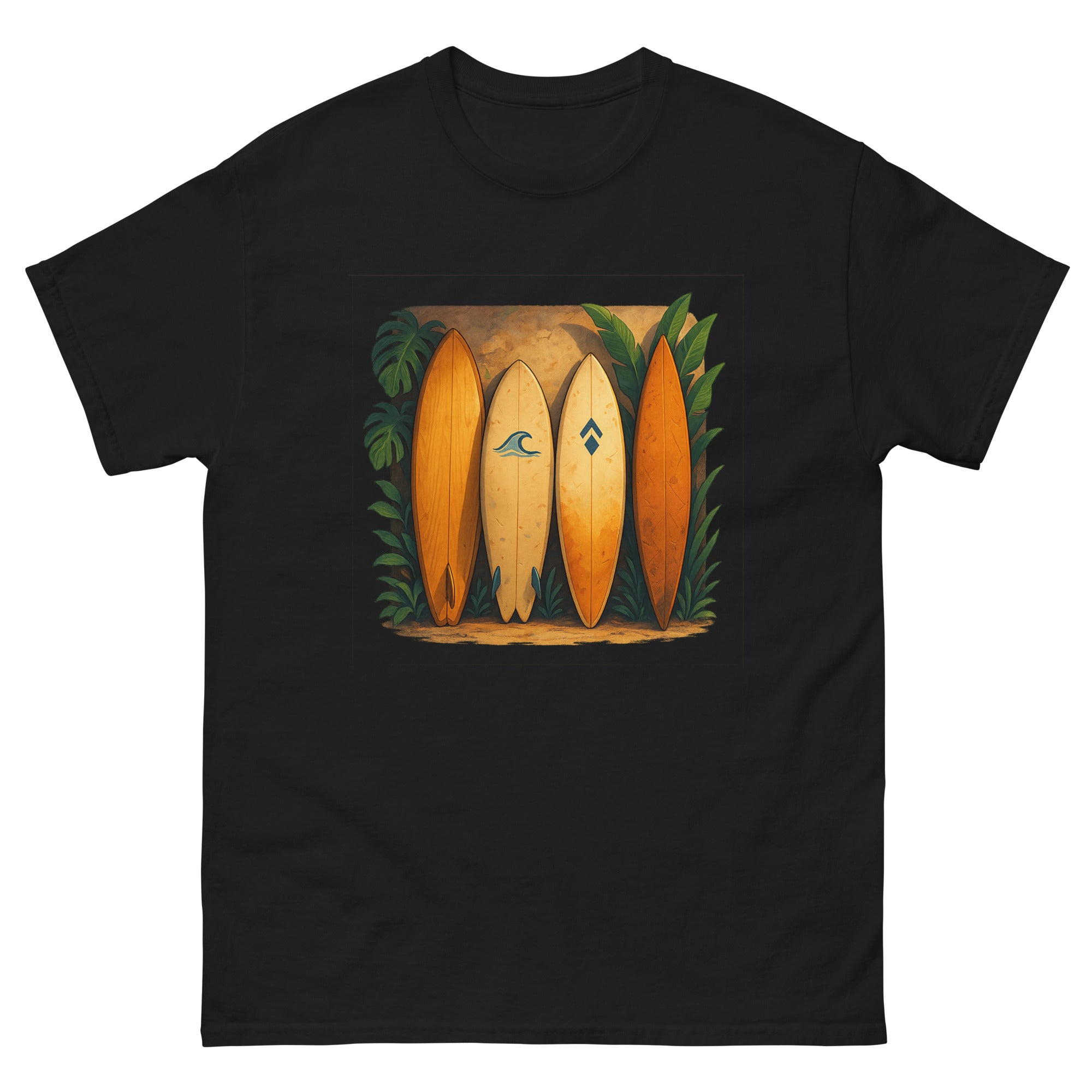 Surfboard Quiver Hawaiian t-shirt design on a Black unisex tee