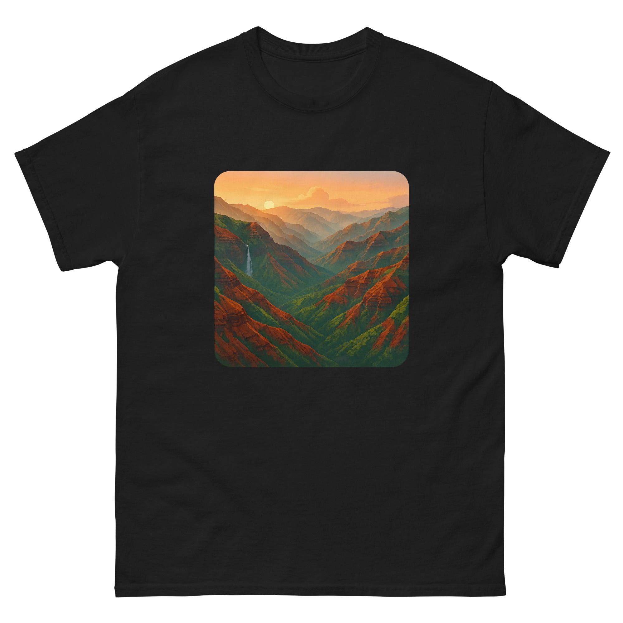 Waimea Canyon Sunrise Hawaiian t-shirt design on a Black unisex tee