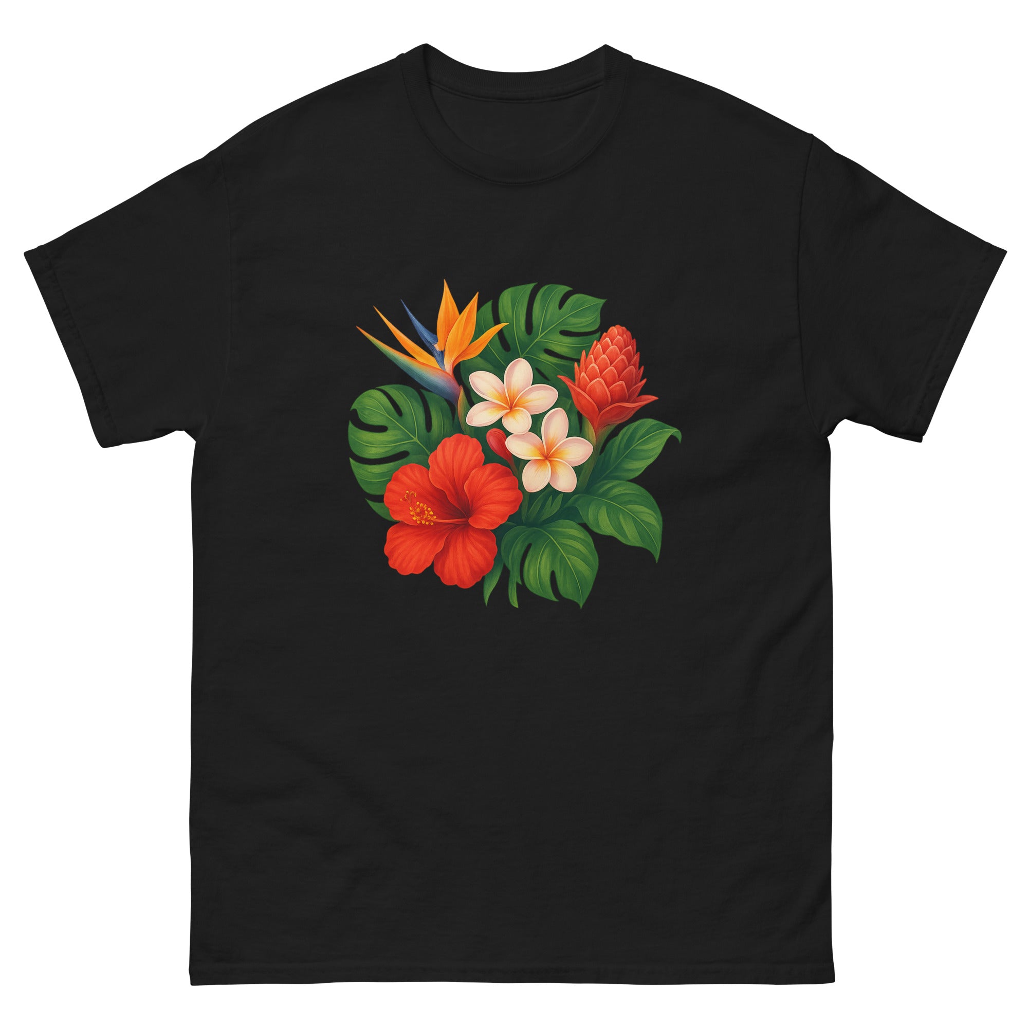 Tropical Flora Bouquet Hawaiian t-shirt design on a Black unisex tee