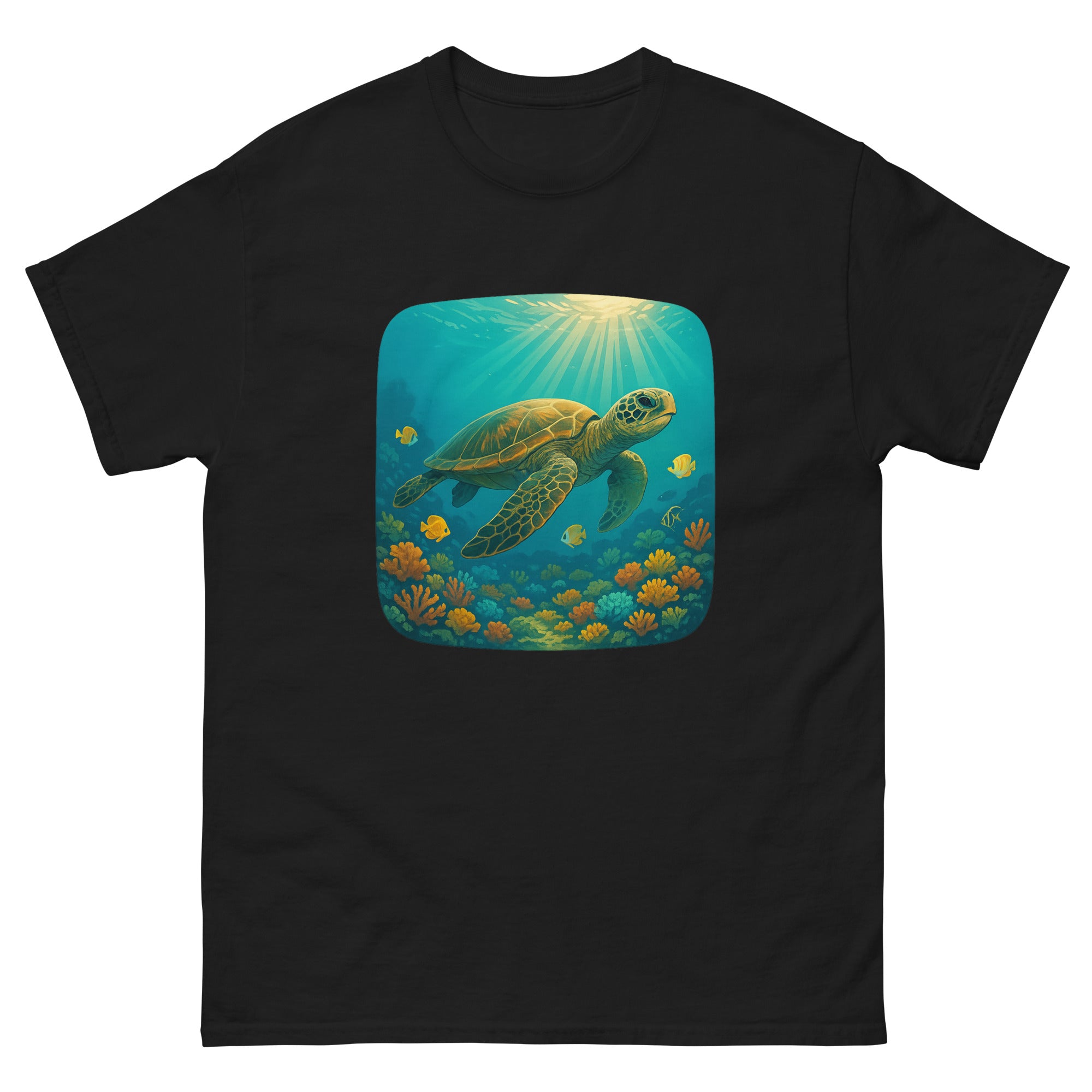 Honu Reef Scene Hawaiian t-shirt design on a Black unisex tee