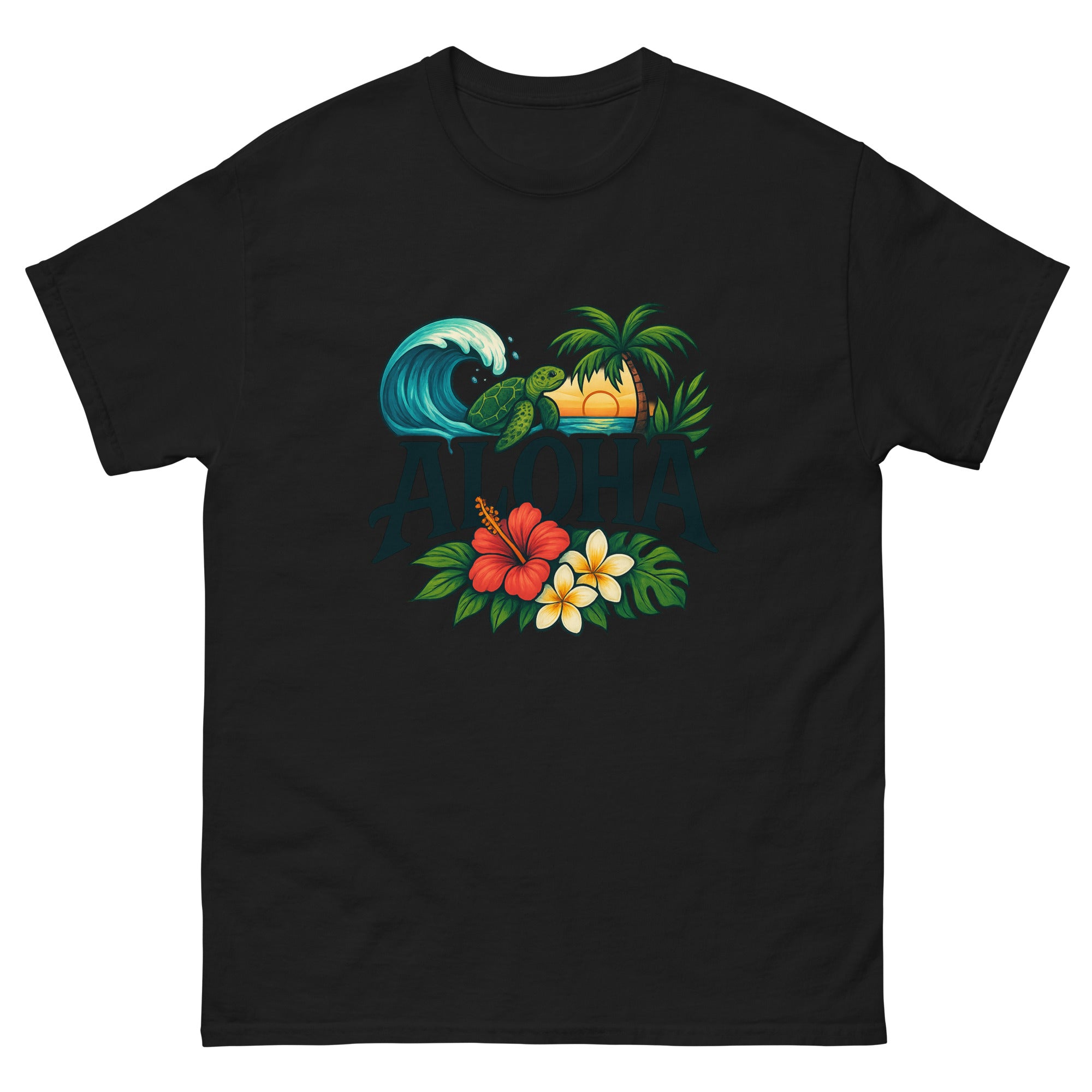 Aloha Illustrated Type Hawaiian t-shirt design on a Black unisex tee