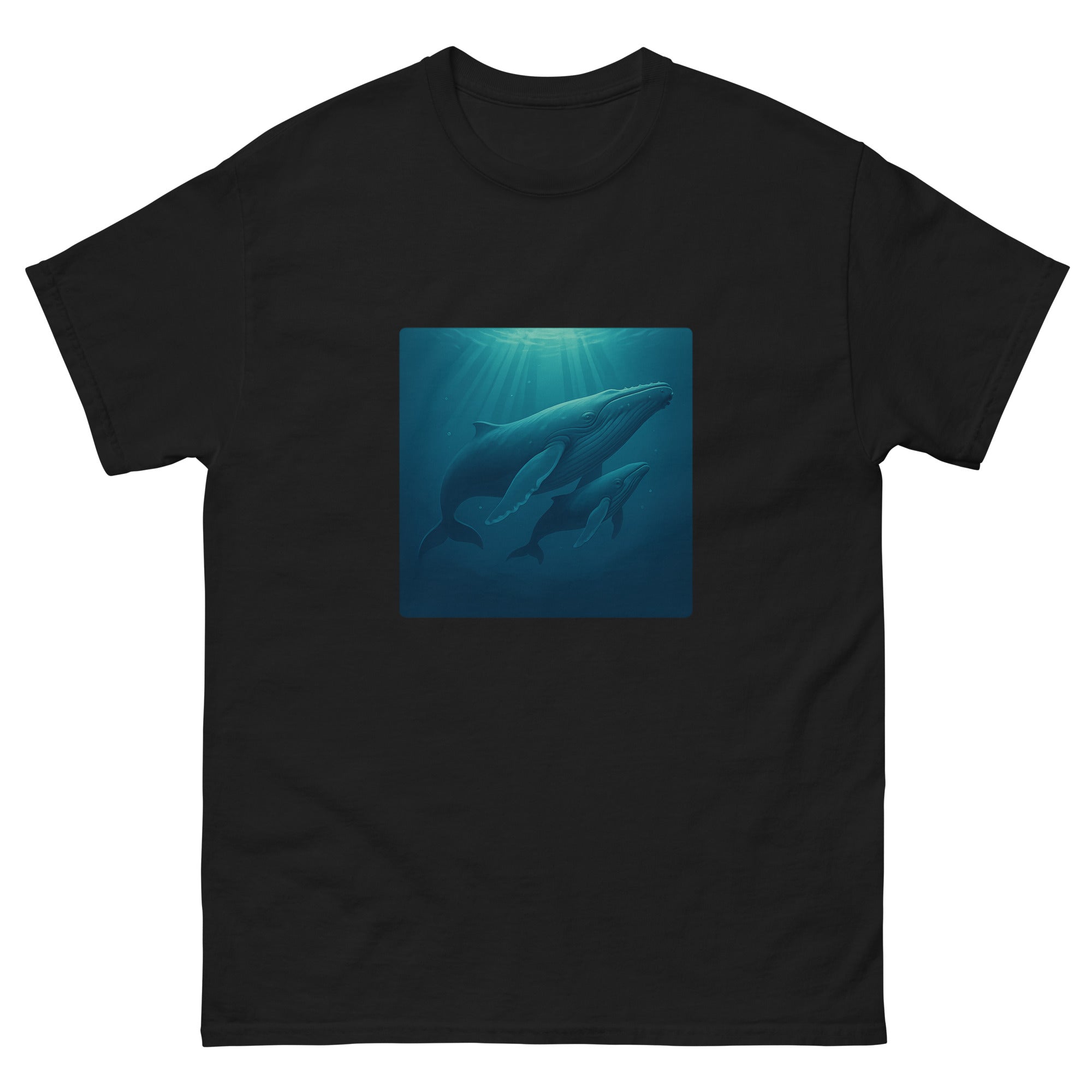 Humpback And Calf Hawaiian t-shirt design on a Black unisex tee