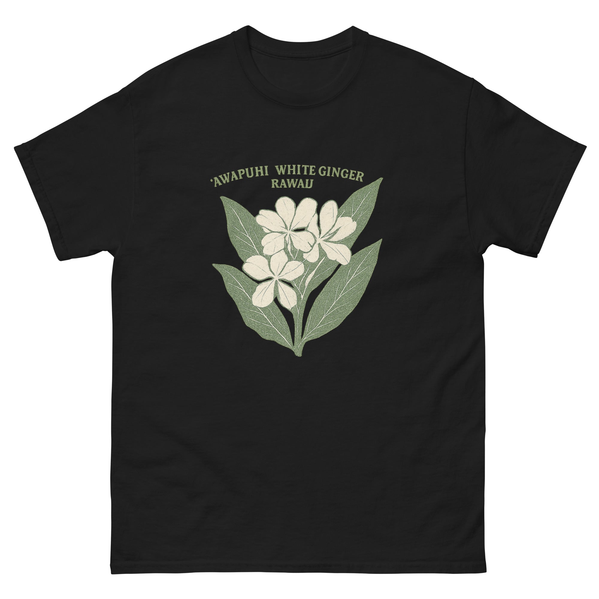 White Ginger Hawaiian t-shirt design on a Black unisex tee
