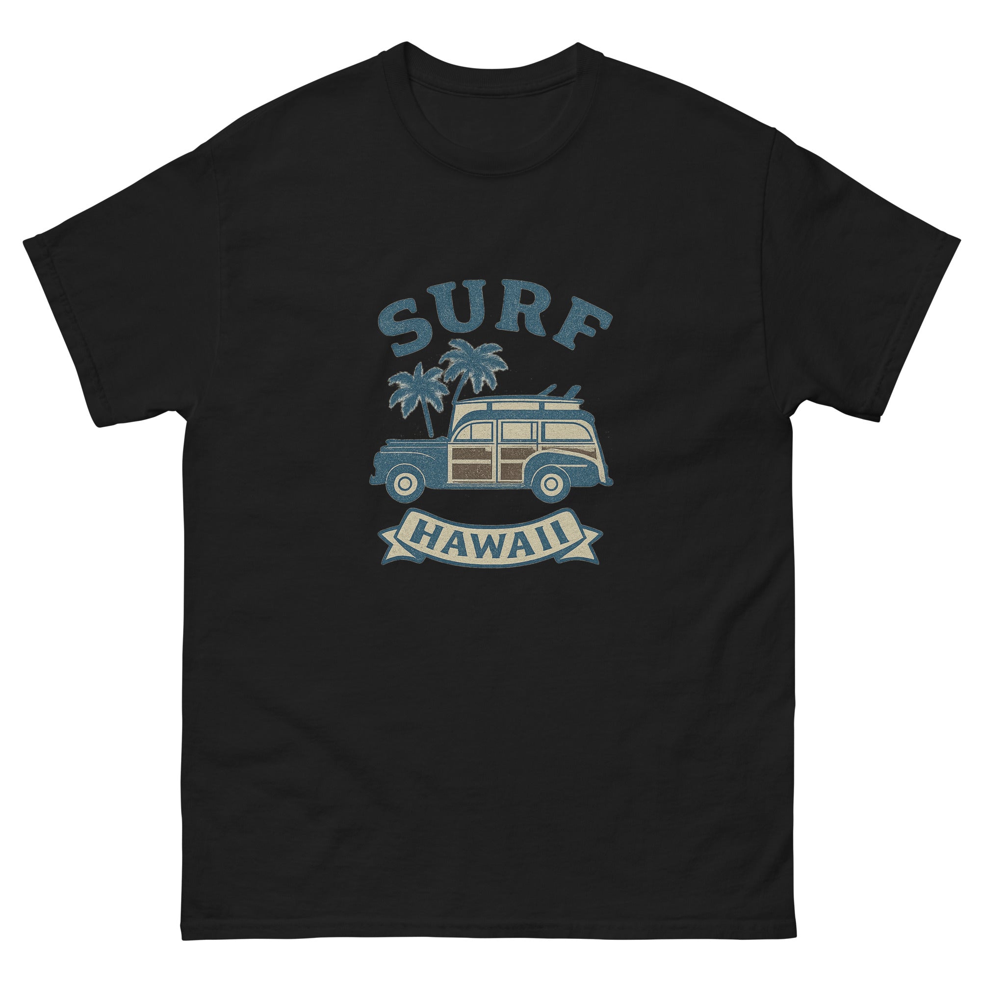 Woody Wagon Hawaiian t-shirt design on a Black unisex tee