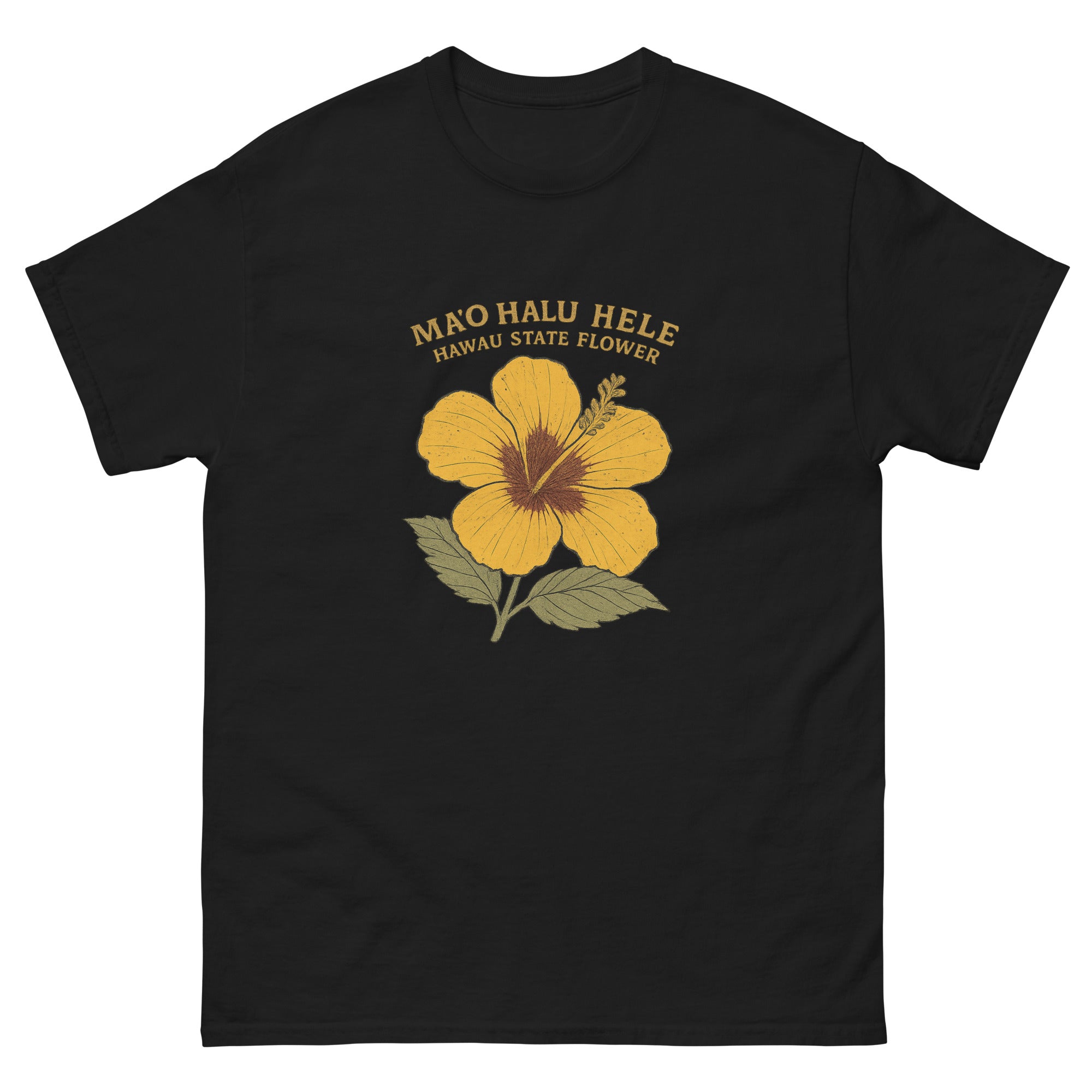Yellow Hibiscus Hawaiian t-shirt design on a Black unisex tee