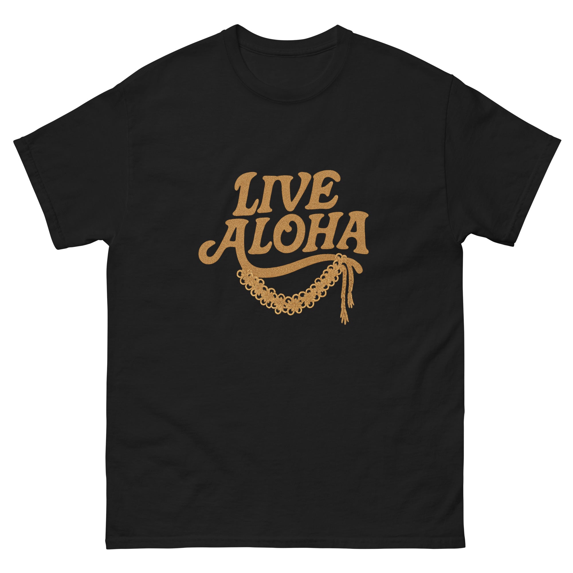 Live Aloha Hawaiian t-shirt design on a Black unisex tee