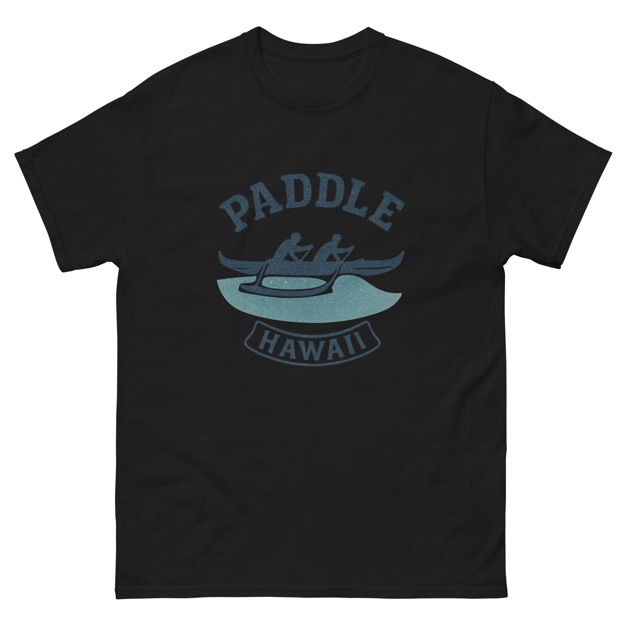 Outrigger Canoe Hawaiian t-shirt design on a Black unisex tee