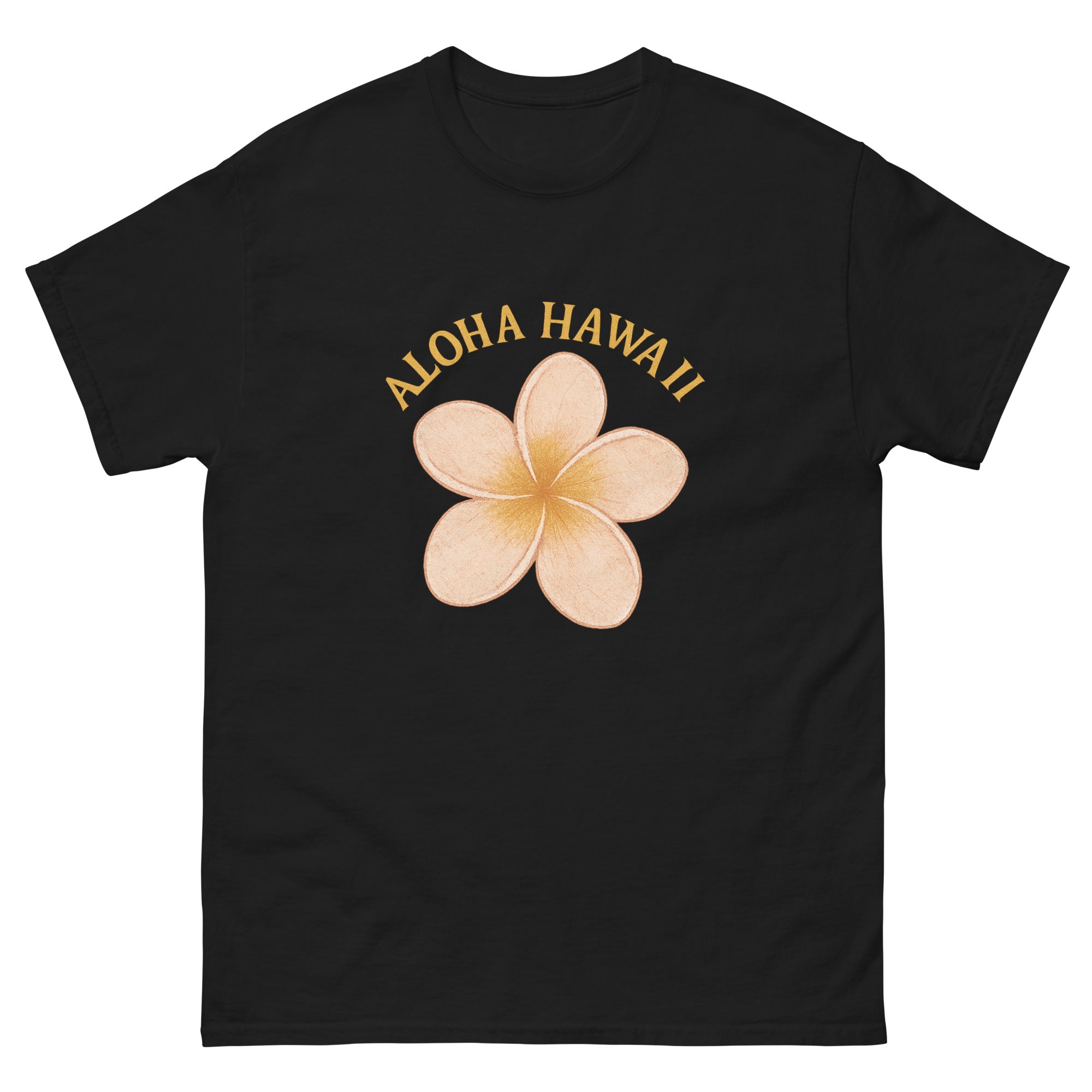 Plumeria Hawaiian t-shirt design on a Black unisex tee