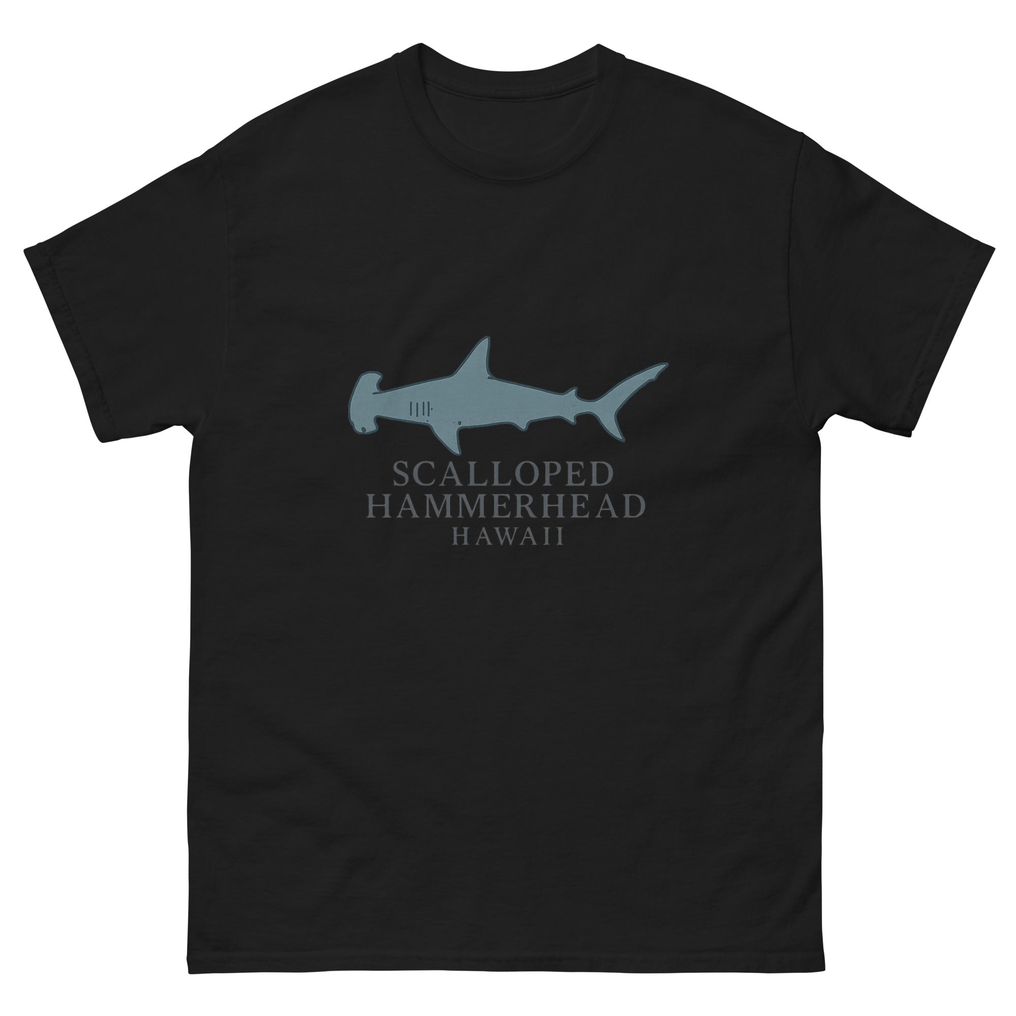 Hammerhead Shark Hawaiian t-shirt design on a Black unisex tee
