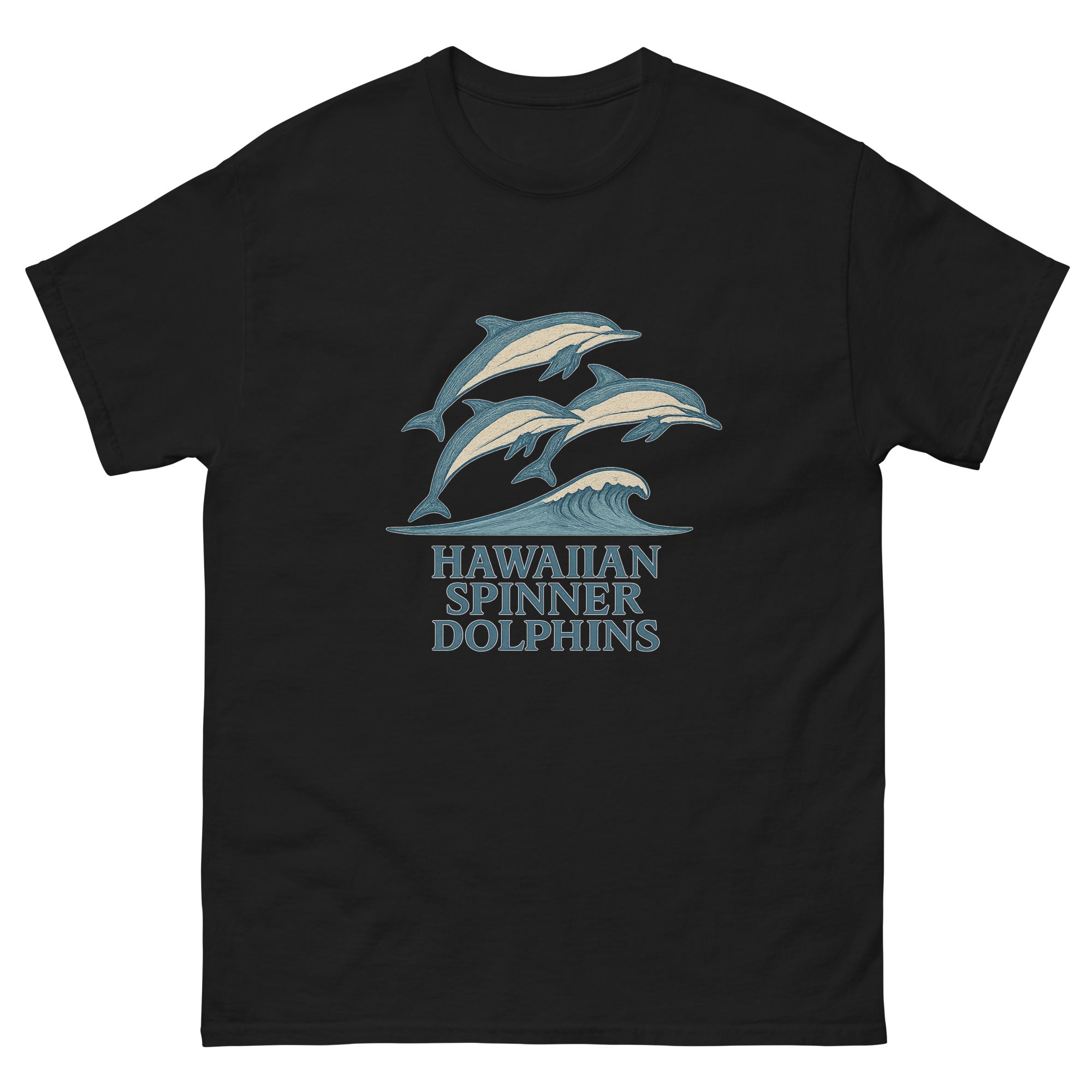 Spinner Dolphins Hawaiian t-shirt design on a Black unisex tee
