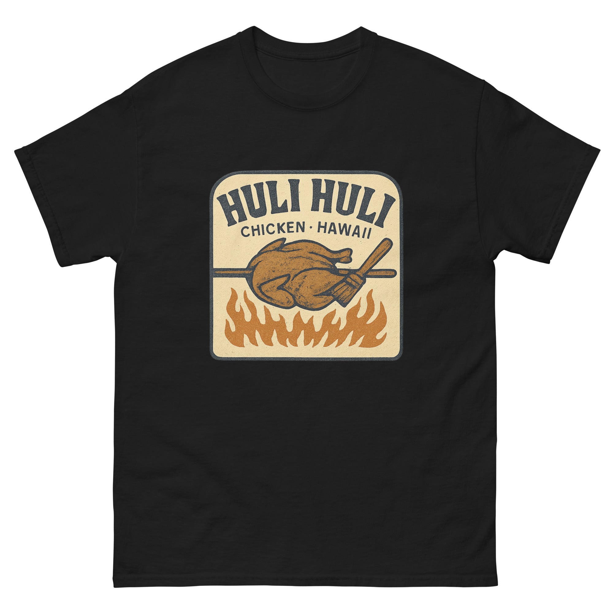 Huli Huli Chicken Hawaiian t-shirt design on a Black unisex tee