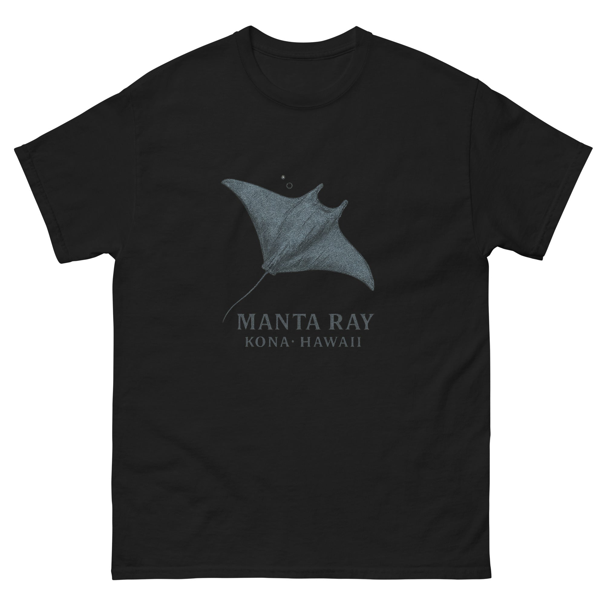 Manta Ray Hawaiian t-shirt design on a Black unisex tee