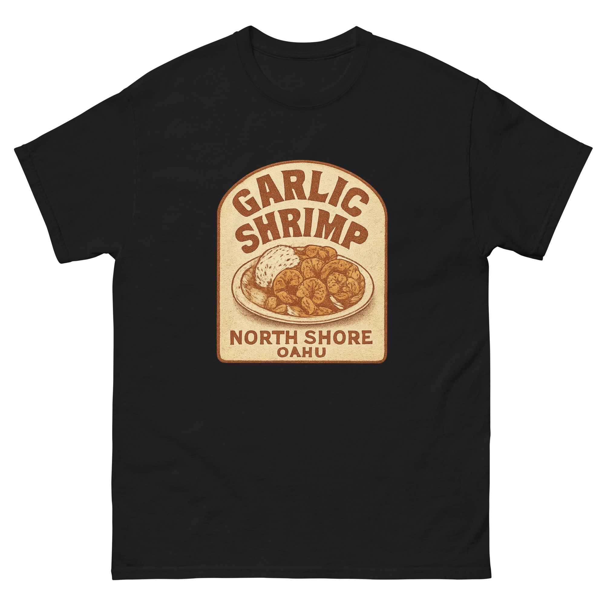 Garlic Shrimp Truck Hawaiian t-shirt design on a Black unisex tee