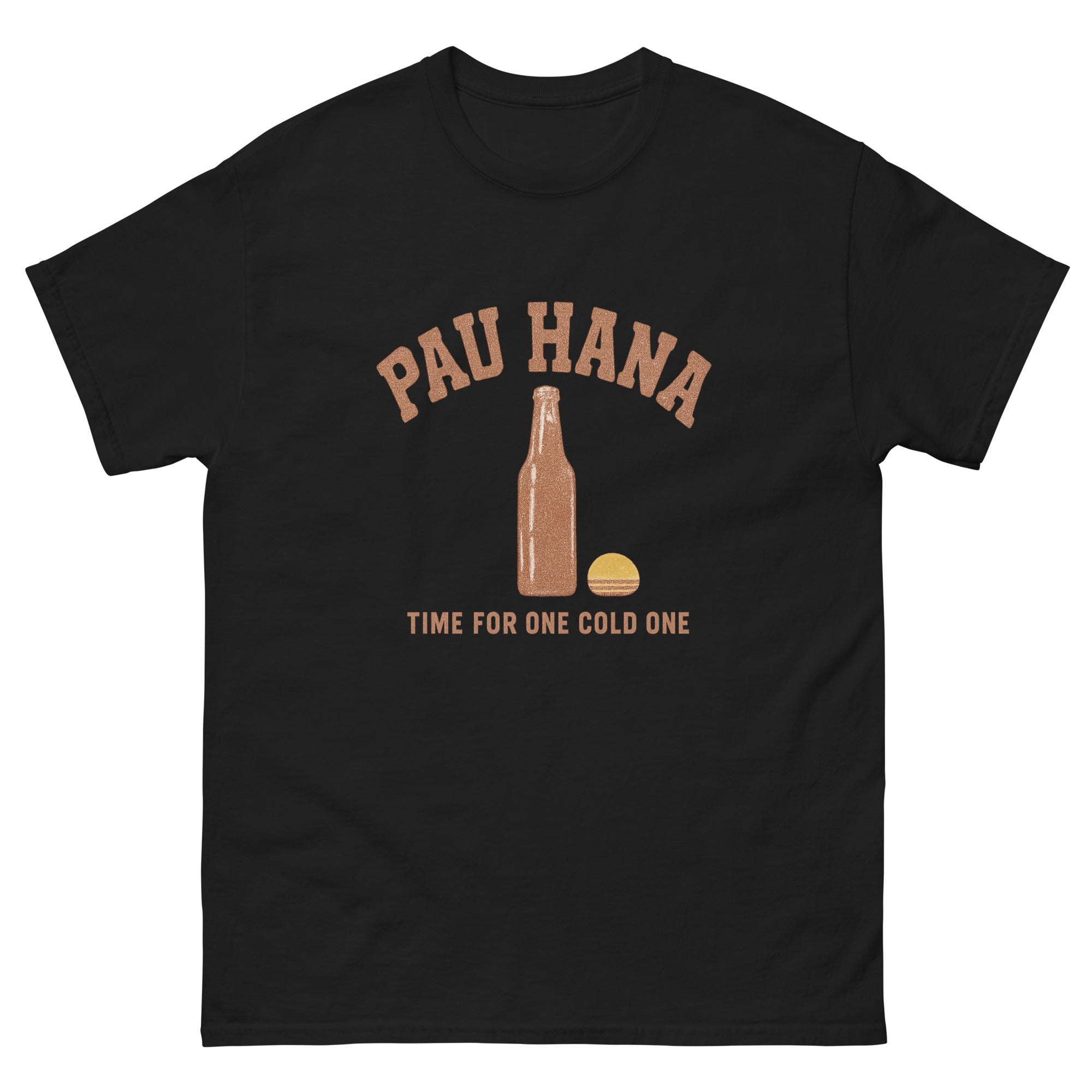 Pau Hana Hawaiian t-shirt design on a Black unisex tee