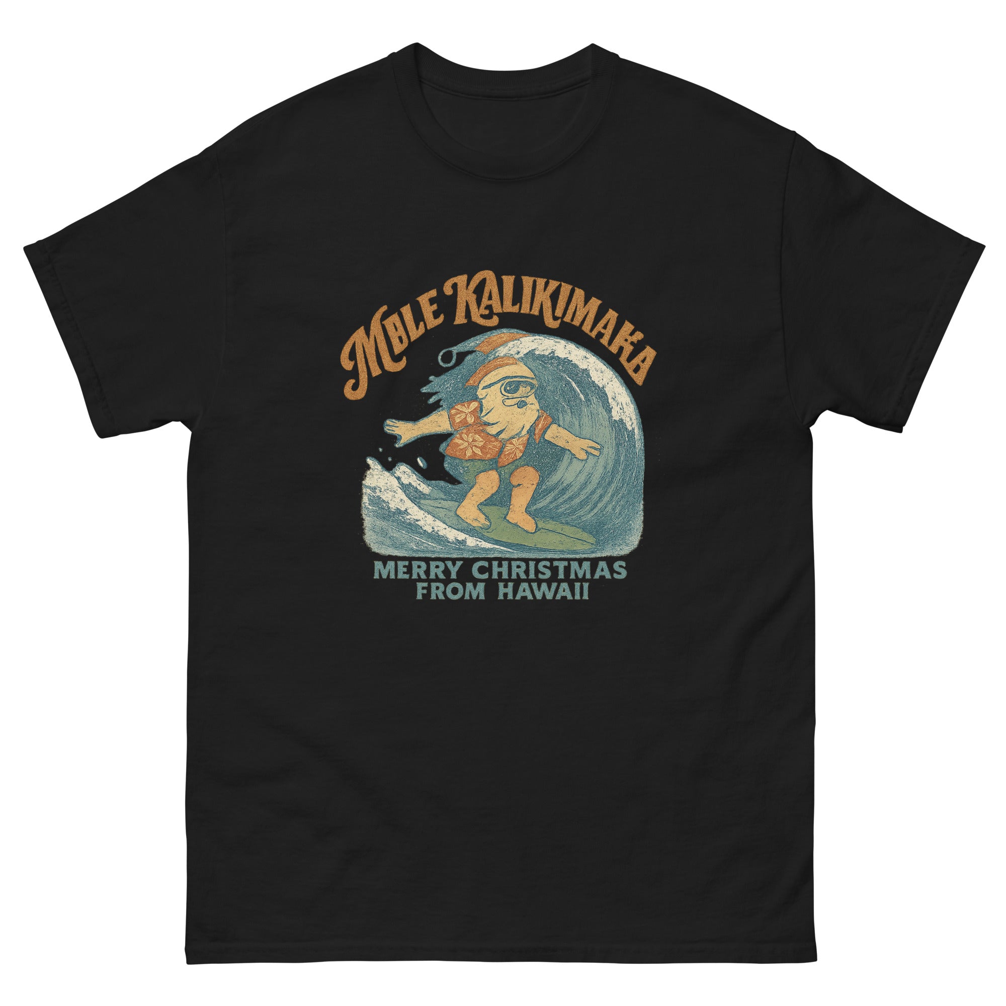 Mele Kalikimaka Hawaiian t-shirt design on a Black unisex tee